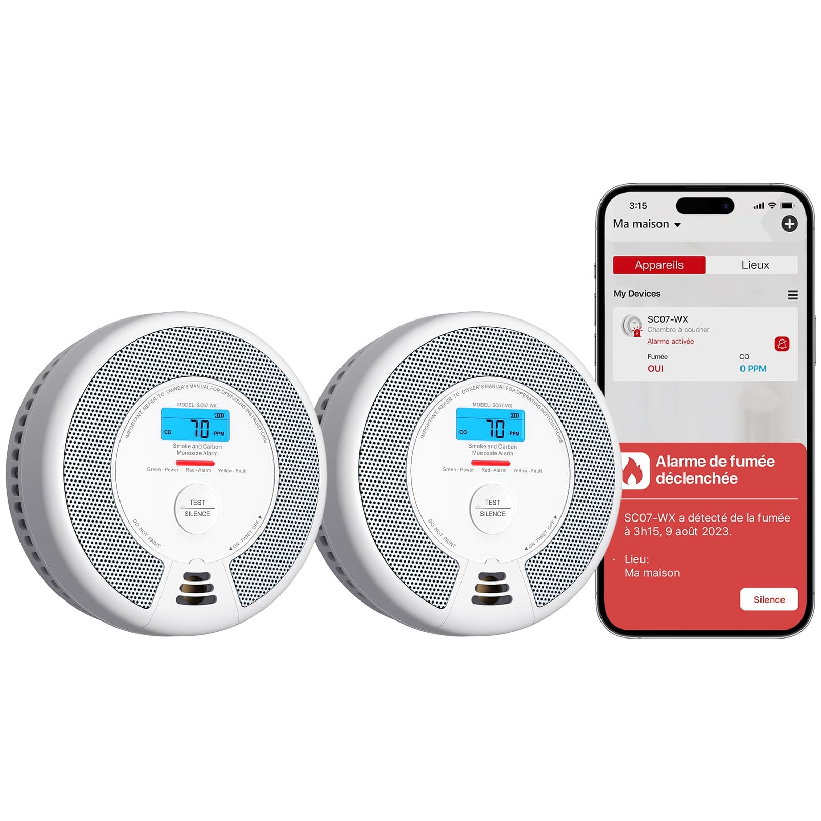 X-Sense Détecteur de Fumée et de Monoxyde de Carbone Connecté avec Batterie Remplaçable, Détecteur Intelligent Compatible avec X-Sense Home Security App, SC07-WX, Lot de 2