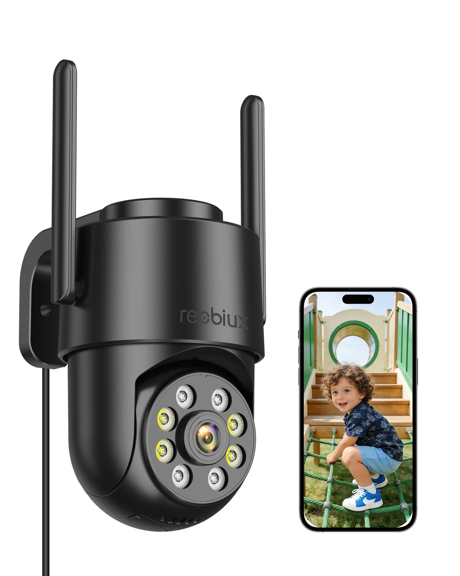 Reobiux Camara Vigilancia WiFi Exterior,2K Impermeable WiFi 2,4 GHz,PTZ 360°,Detección de Movimiento,Visión Nocturna,Audio Bidireccional,Seguridad para Hogar,Garaje y Jardín,3m Cable