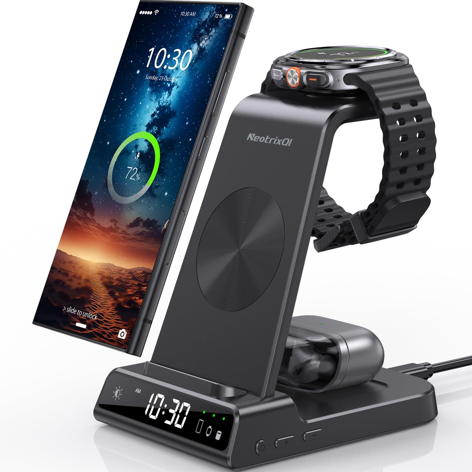 Caricatore Wireless Con Orologio Digitale per Samsung Galaxy S25 Ultra, Stazione di Ricarica Wireless per Galaxy Watch Ultra 7 6 5Pro, Caricatore Wireless per S24 Ultra Z Flip 6 Galaxy Buds 2