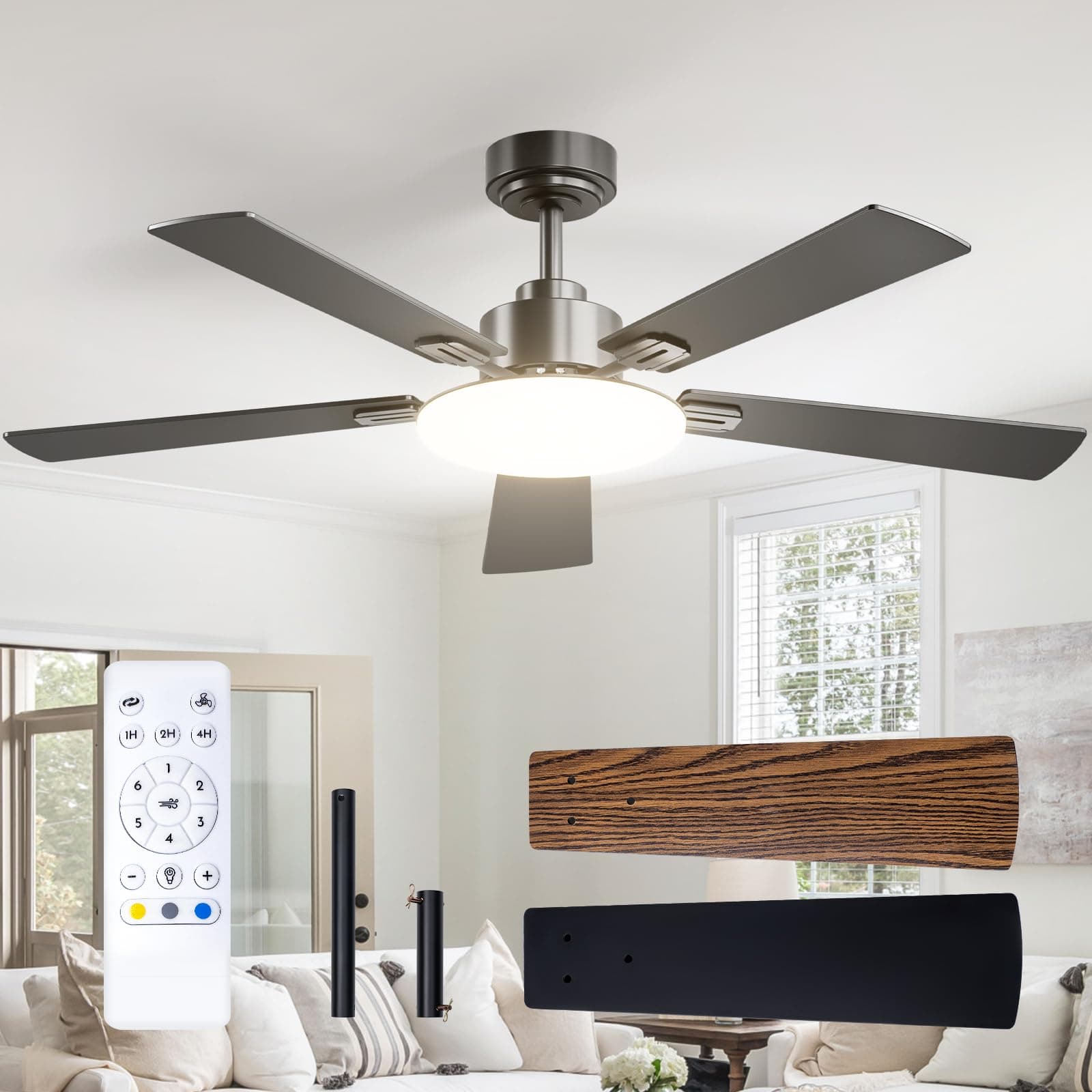 Passky Ventilador de Techo con Luz Silencioso 132cm | Mando a Distancia | Motor DC | 3 Luces Regulables | Modo Verano-Invierno | 6 Velocidades | Temporizador | Interior/Exterior | Negro
