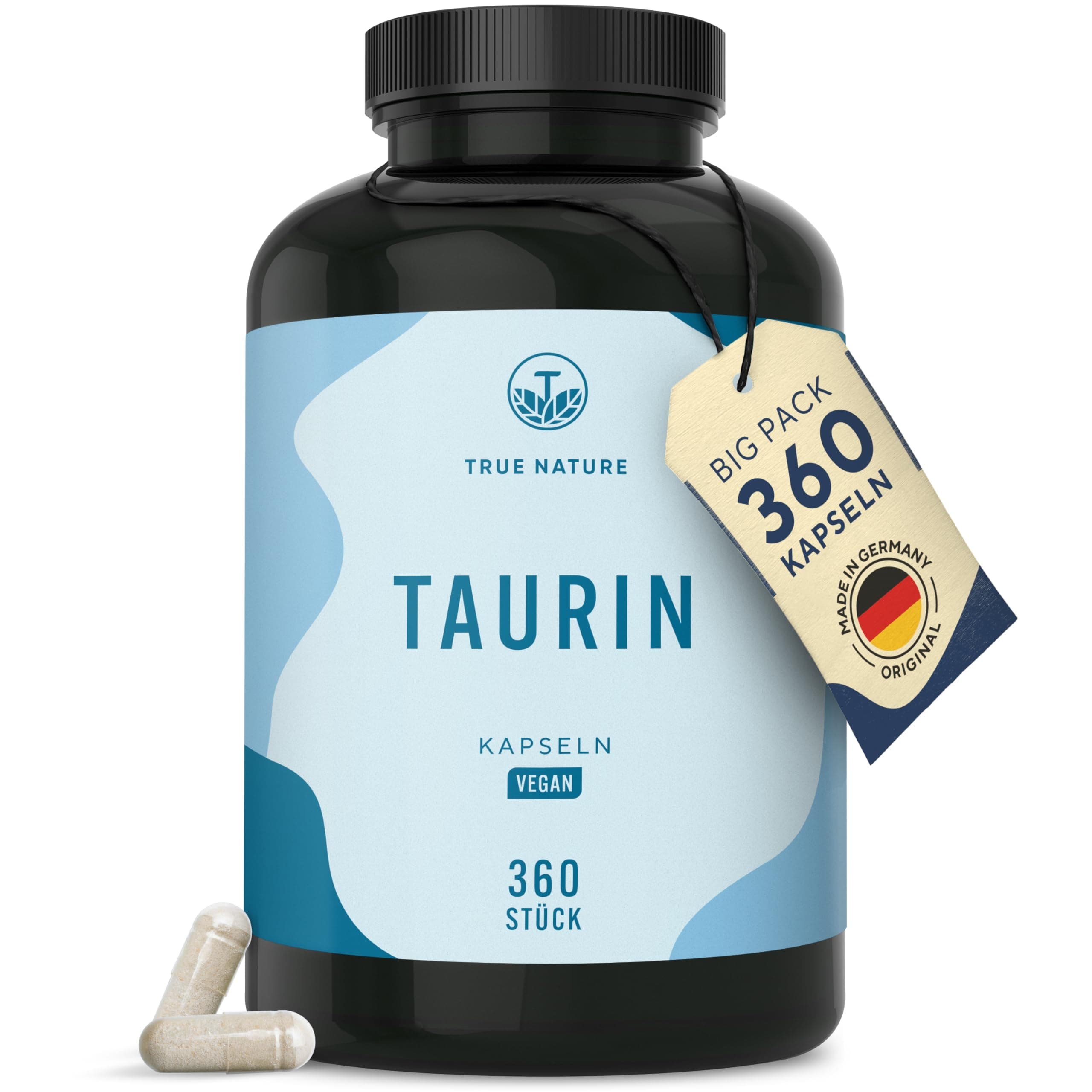 Taurin Kapseln - 2000mg Taurine Tagesdosis hochdosiert - 360 Kapseln: Big Pack - 6 Monatsvorrat - Pre Workout Booster ohne Koffein - Vegan, ohne künstliche Zusätze - Deutsche Produktion - TRUE NATURE