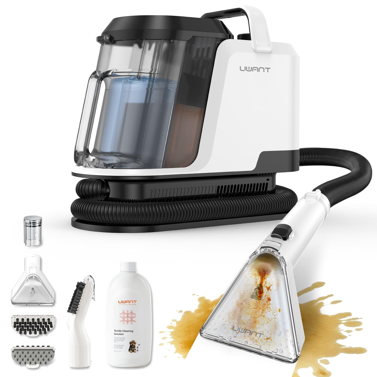 Uwant Y100 Lavatappeti e Divani Lava e Asciuga, 600W 18 kPa, Serbatoio Doppio 1.2L e Auto-Pulizia, Igienizza al 99.9% con Detergente 500ml e Spazzole, Per la Pulizia di Divano, Tappezzeria e Materassi