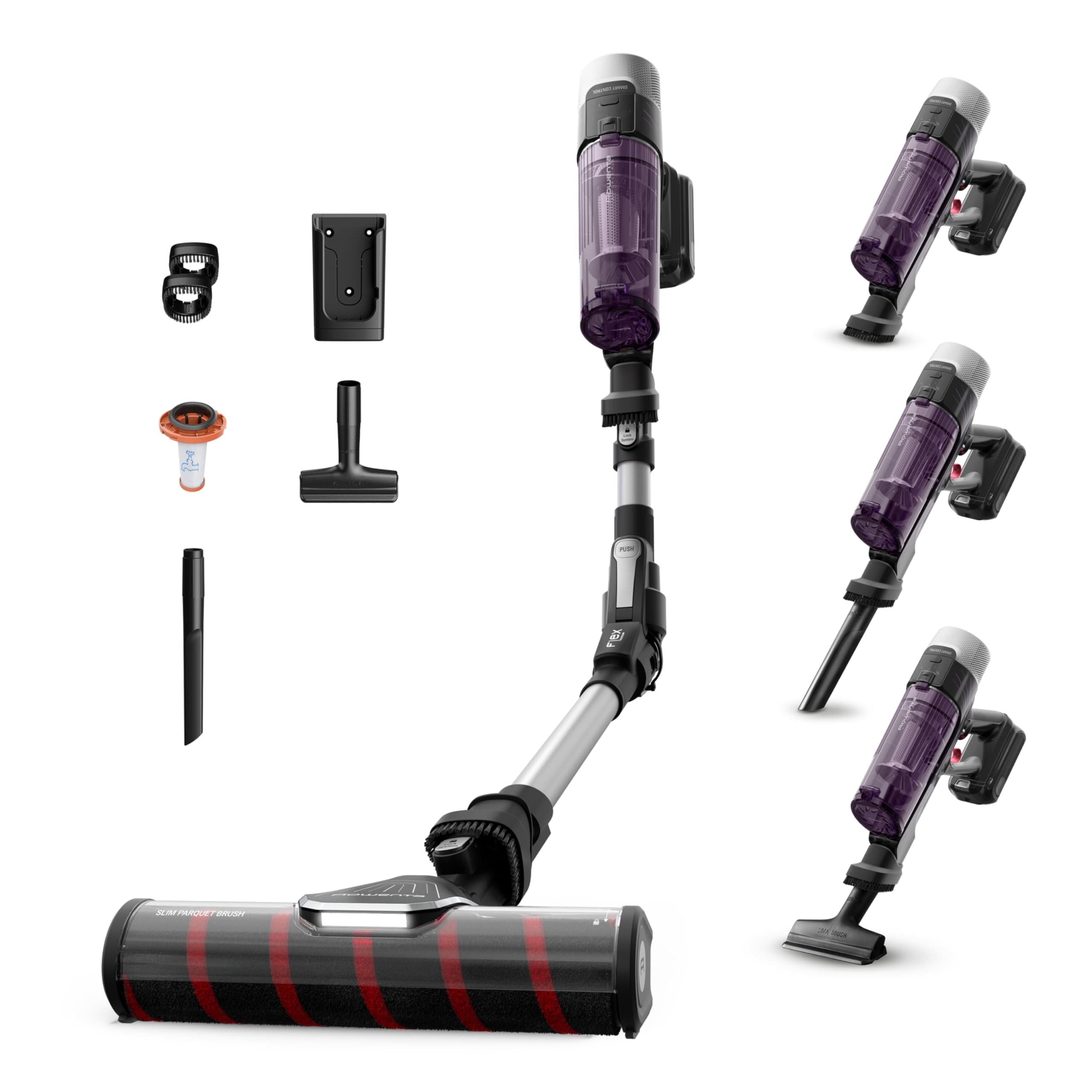 Rowenta X-Force Flex 9.60 Allergy Parquet, Aspiradora escoba sin cable, 100 W, Cepillo para Suelos Duros y Bordes, Tecnología Flex para Acceder a Rincones, Hasta 45 Minutos de Autonomía, RH2047WO