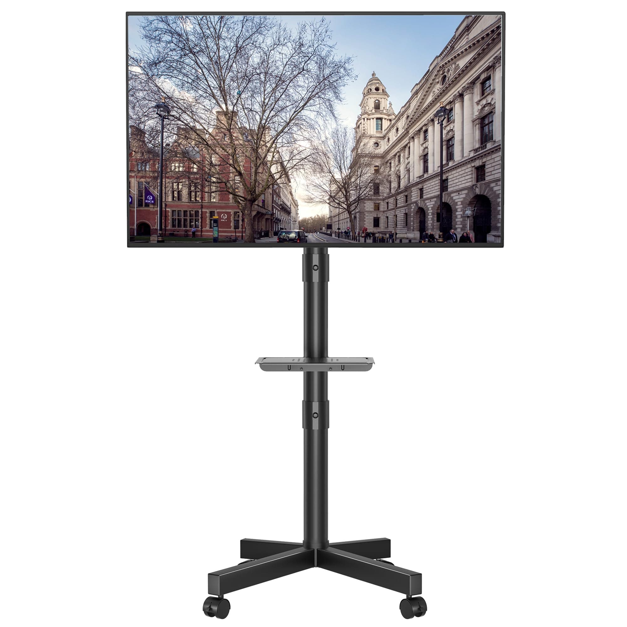 BONTEC Supporto TV da Pavimento, Carrello Inclinabile per TV con Ripiano Multimediale e Ruote di Bloccaggio, Porta TV Adatto per LED, LCD, da 23 a 60 Pollici, Fino a 40 Kg, VESA Max 400 x 400 mm