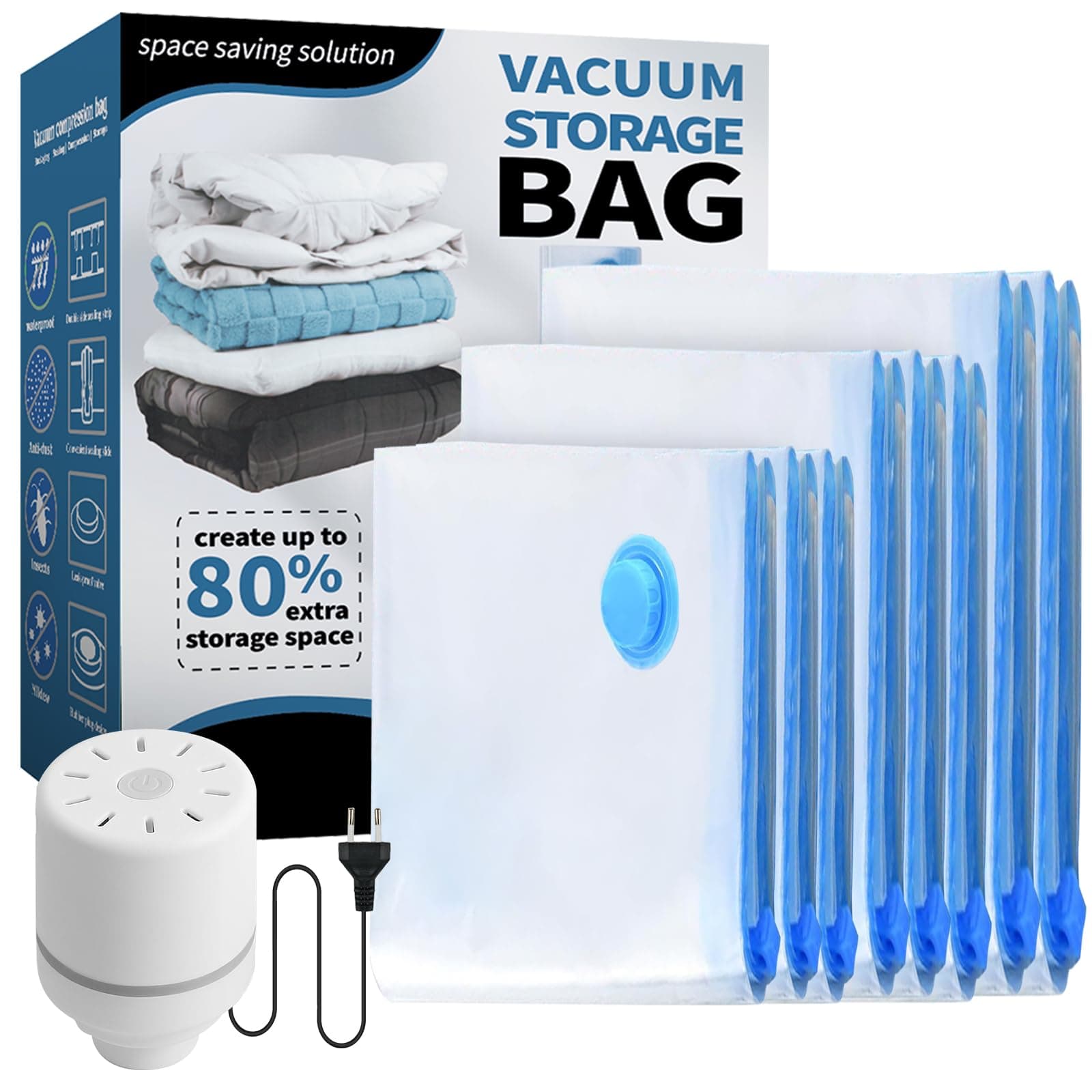 Bolsa Vacio Ropa Con Bomba Eléctrica, 8 Bolsas Para Guardar Ropa (2 Jumbo, 3 Grandes, 3 Medianas), Bolsas de Almacenaje al Vacío, Viaje y Hogar, Resistente y Reutilizable