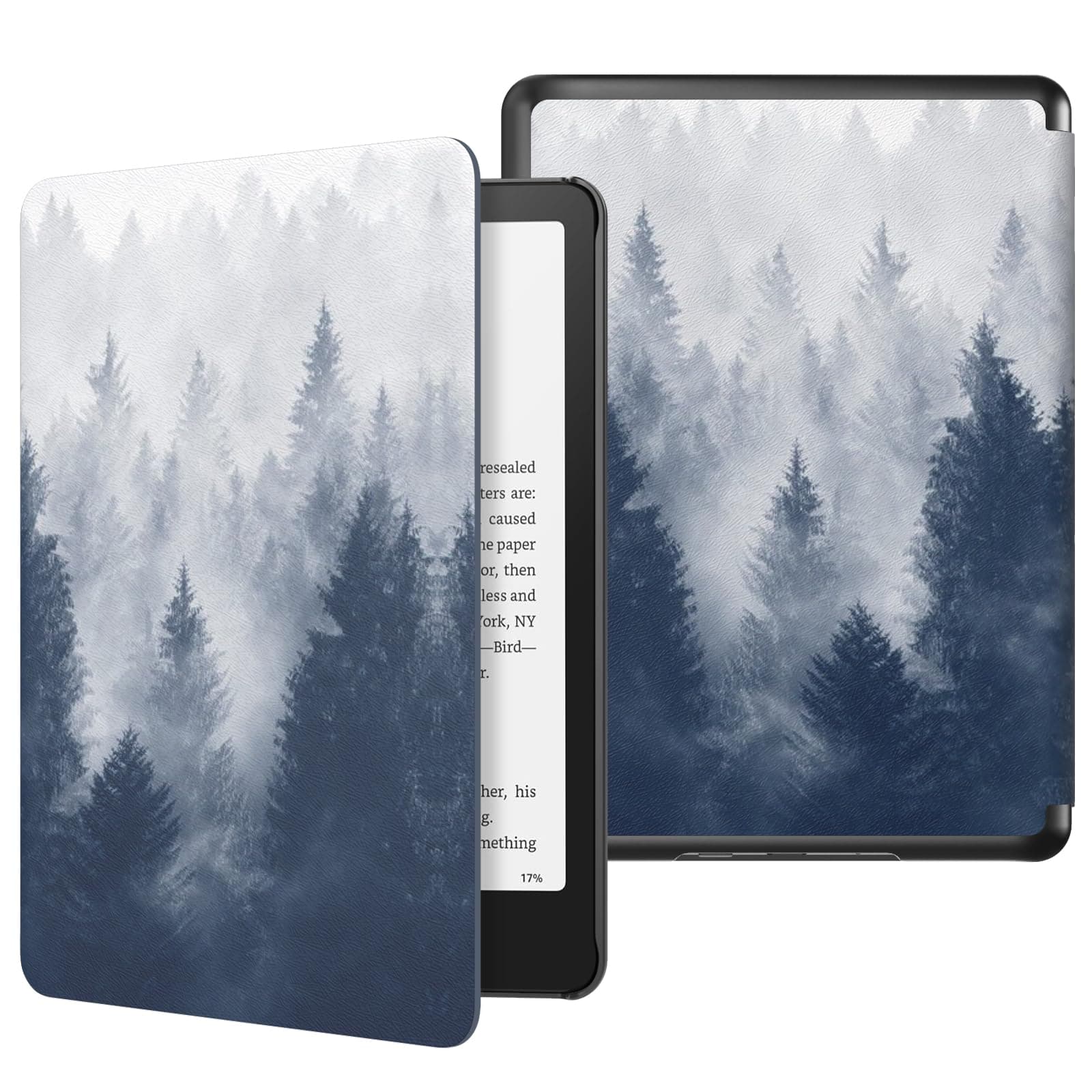 MoKo Hülle Kompatibel mit 7" Kindle Paperwhite 12th Gen 2024&Kindle Colorsoft Signature Edition 2024, Leichte PU-Schutzhülle mit Auto Schlaf/Aufwach PC Rücken für Kindle Paperwhite 2024, Grauer Wald