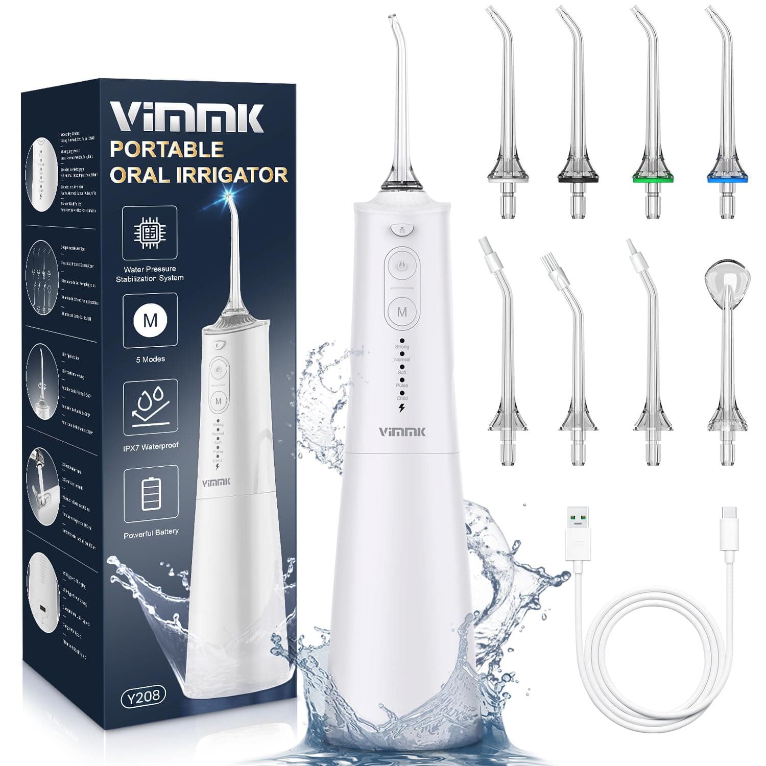 VIMMK Jet Dentaire Hydropulseur et Irrigateurs Oral avec 5 Modes de Pression d'eau et 8 Embouts Remplaçables, Rechargeable et Étanche IPX7, Réservoir 300ML (Blanc)
