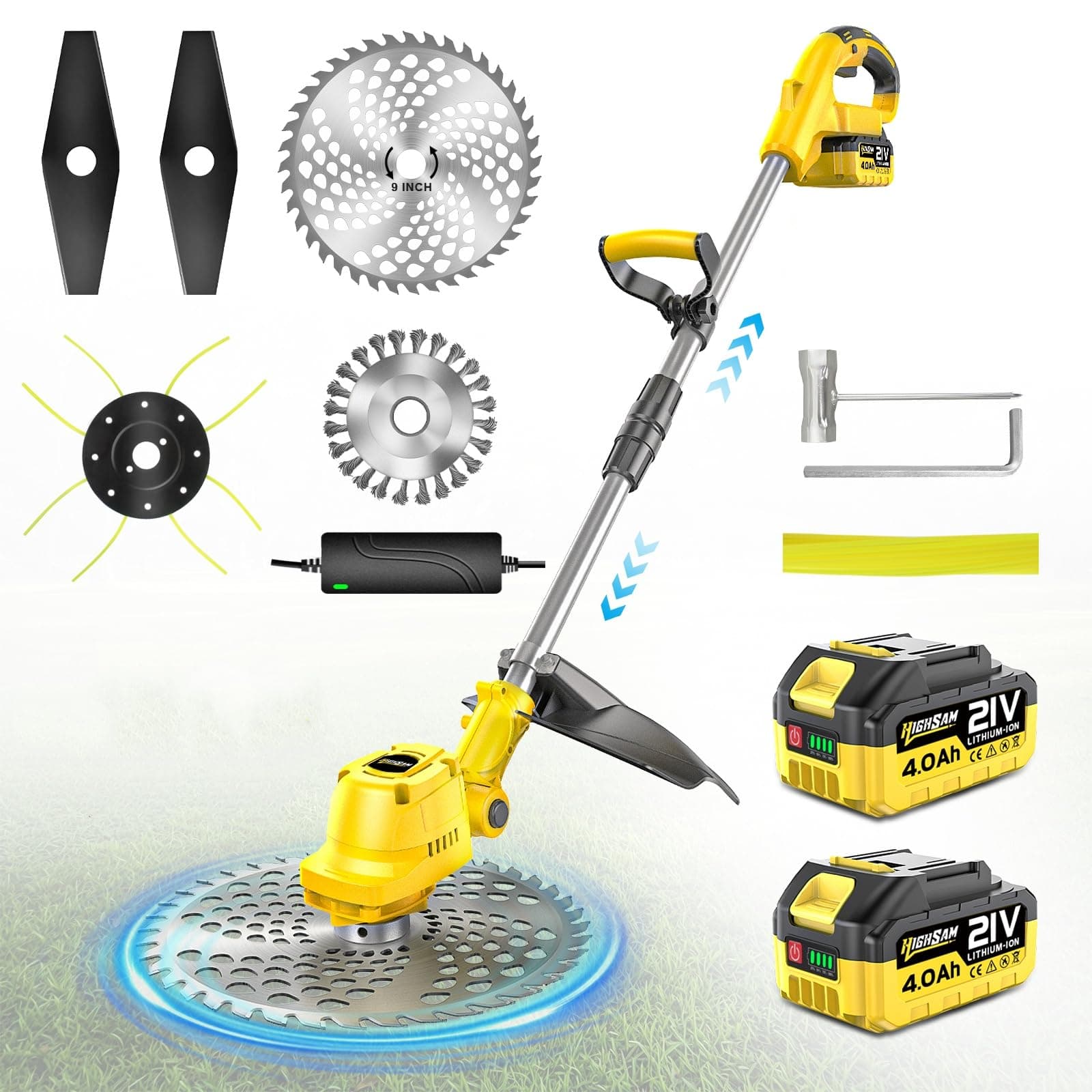 Débroussailleuse Sans Fil De 9 Pouces, Coupe Bordure Sans Fil 4 En 1, Avec 2 * 4.0 Ah,Brosse DéSherbage,PoignéE RéGlable,TêTe Pivotante 90°, Le Kit De Tondeuse Multi-Lames Sans Balais Sert Pour Jardin