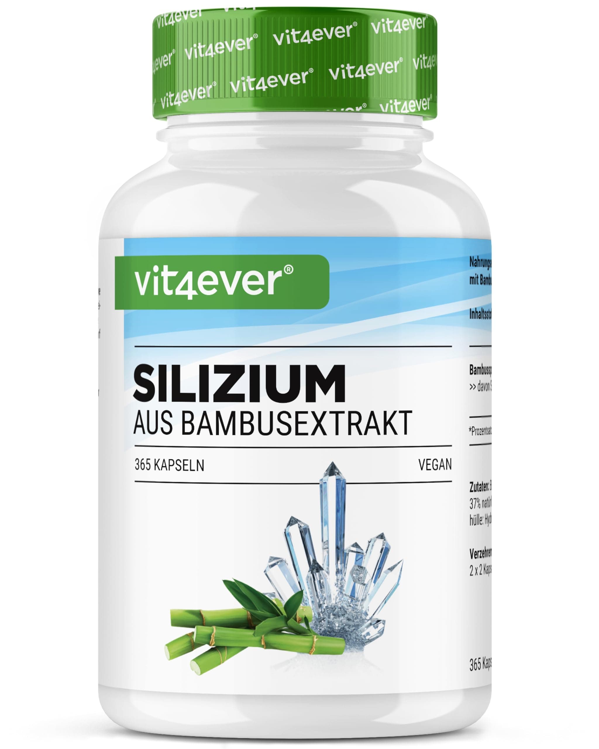 vit4ever Silizium - 365 Kapseln mit 500 mg organisches Silicium pro Tag - Premium: Natürlich gewonnen aus Bambusextrakt - Hochdosiert - Vegan