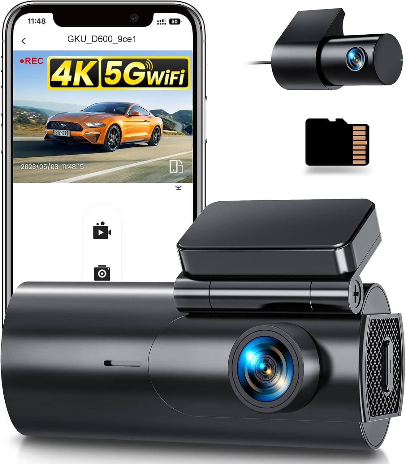 GKU Dashcam Cámara Coche 4K+1080P, 5GHz WiFi Dash CAM Coche con Tarjeta SD de 64GB,Camara Coche Grabadora,170° Gran Angular,Visión Nocturn,WDR,Sensor G,Monitor de Aparcamiento,Grabación de Bucle