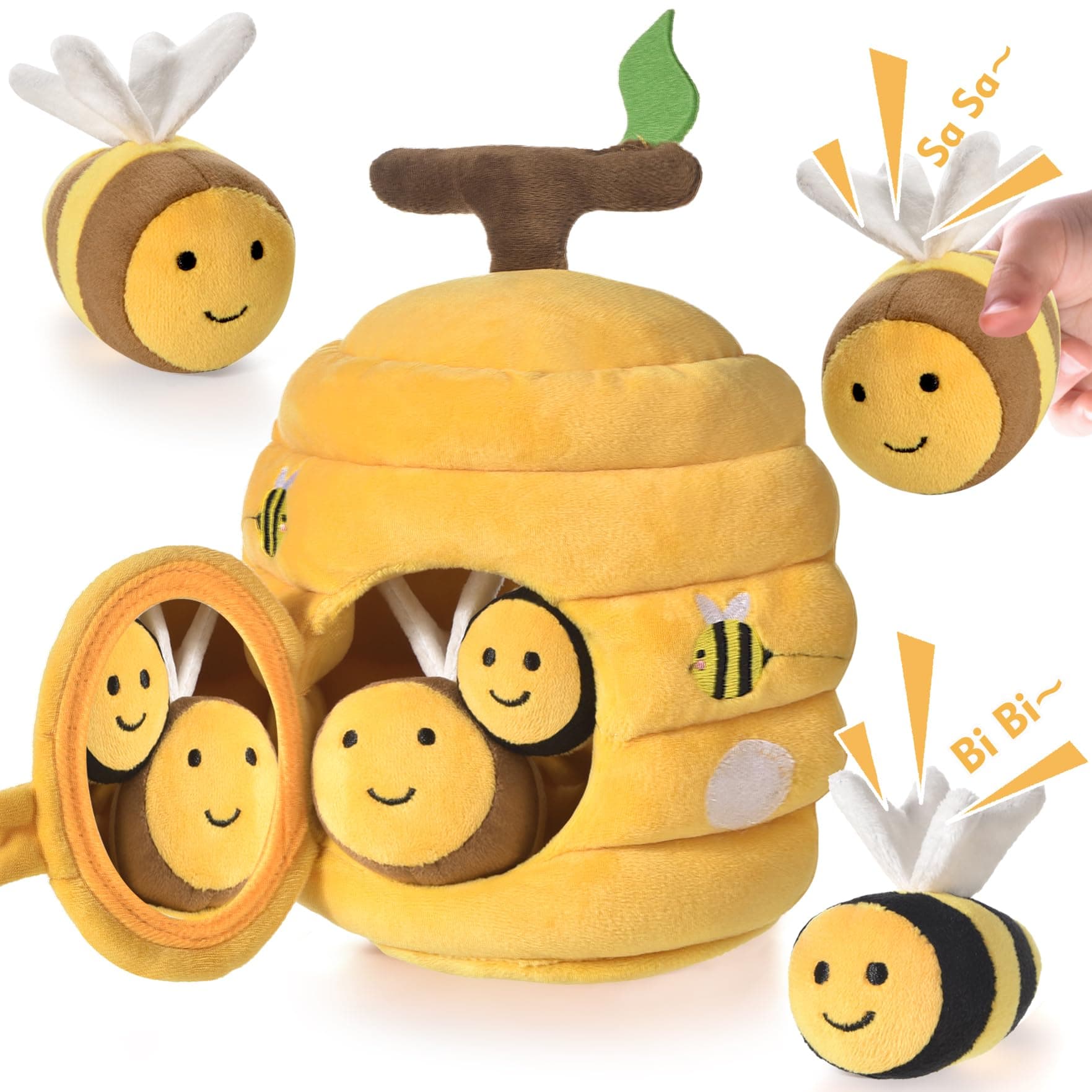 VORENUS Jouet Bebe 6 Mois, 6-en-1 Ruche en Peluche avec 5 Abeilles, Jeux Montessori avec Hochets, Miroirs Jouets Sensoriel Interactifs Bebe 6 Mois,Cadeau Bébé Enfant 6 9 12 18 Mois Garçon Fille