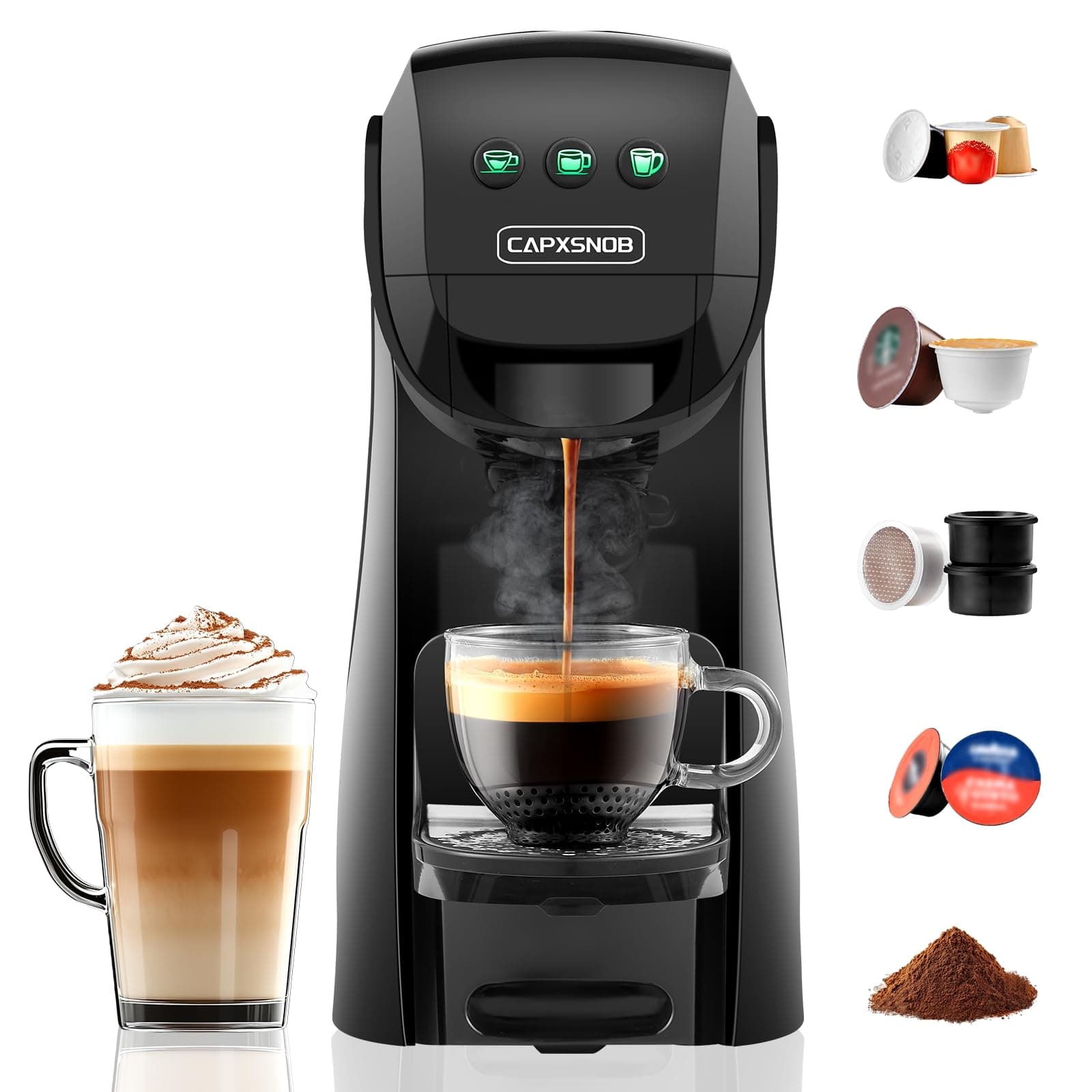 Warriors1 Cafetera Capsula 5en1 para Dolce Gusto, Nespresso, Lavazza A Modo Mio, Expreso Point y Café Molido, 20bar, 0,8L, Automática y Compacta Máquina Multicápsula, Multibebida para Hogar y Oficina