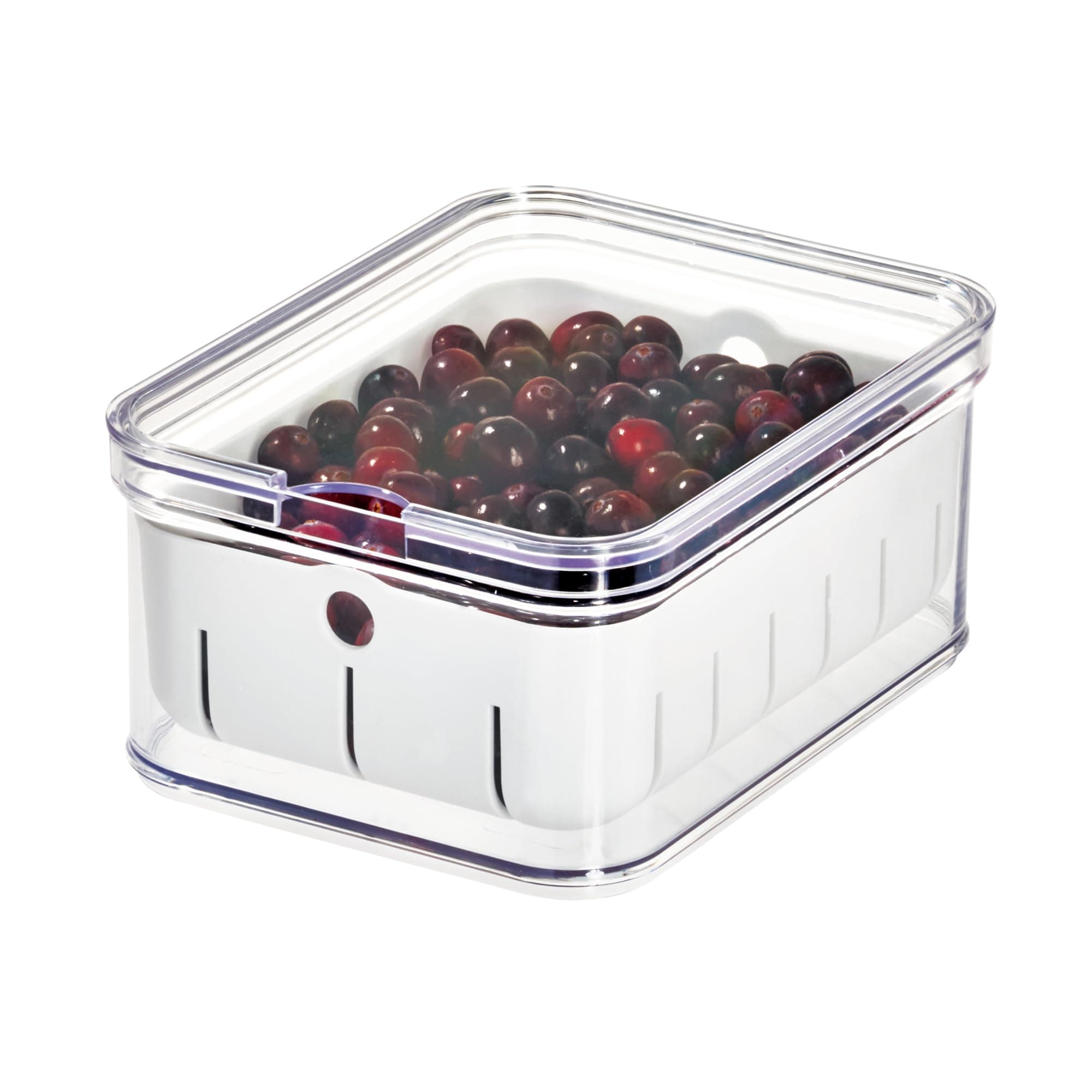 iDesign Caja organizadora para frutas y verduras, caja de plástico libre de BPA, organizador de cocina con bandeja de goteo para guardar alimentos, transparente