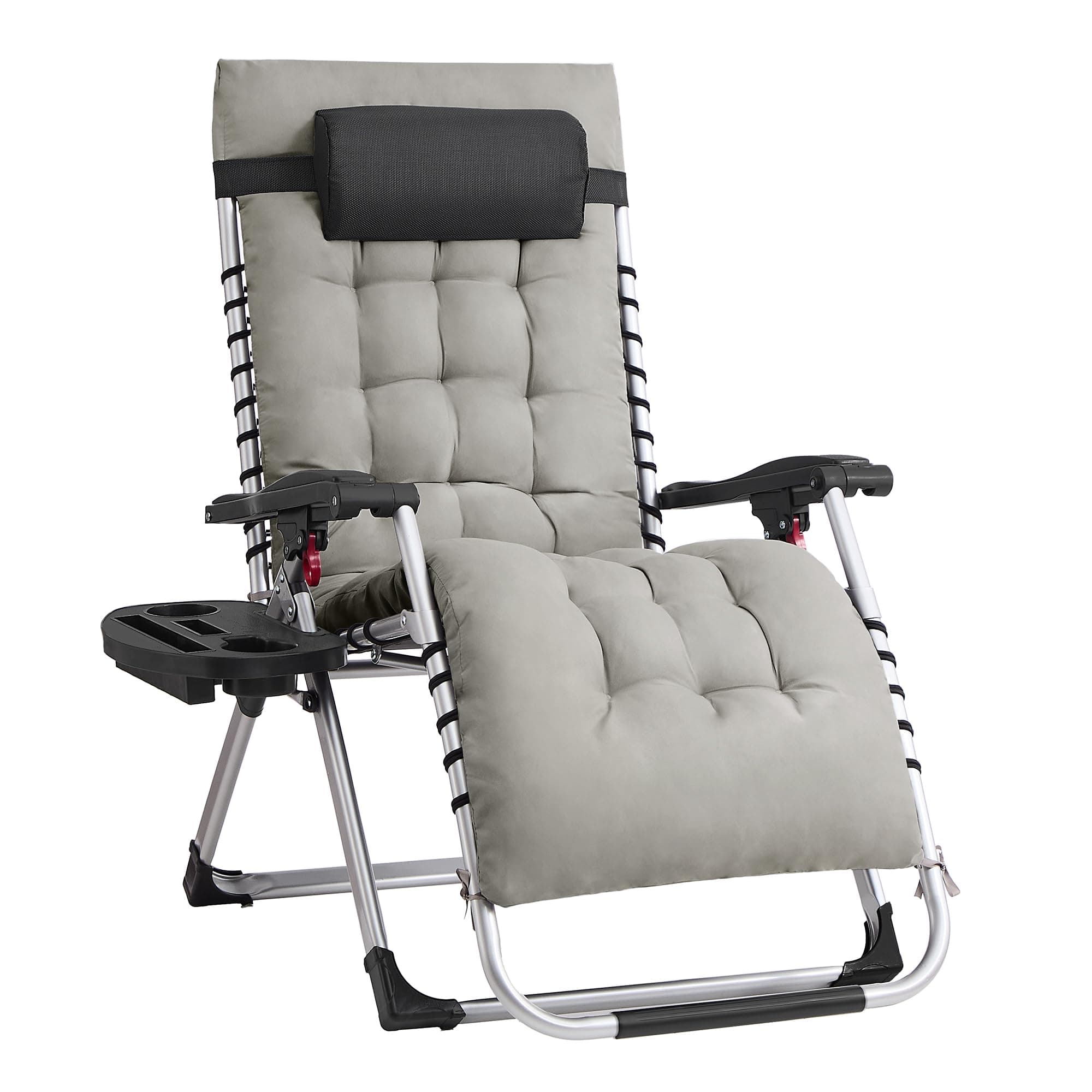 SONGMICS Chaise Longue Pliante, Chaise de Gravité Zéro avec Coussin Amovible, Structure en Acier, Supporte Jusqu'à 110 kg, Appui-Tête Réglable, Sac, Plateau, pour Jardin, Balcon, Gris Clair GLB040GZ04