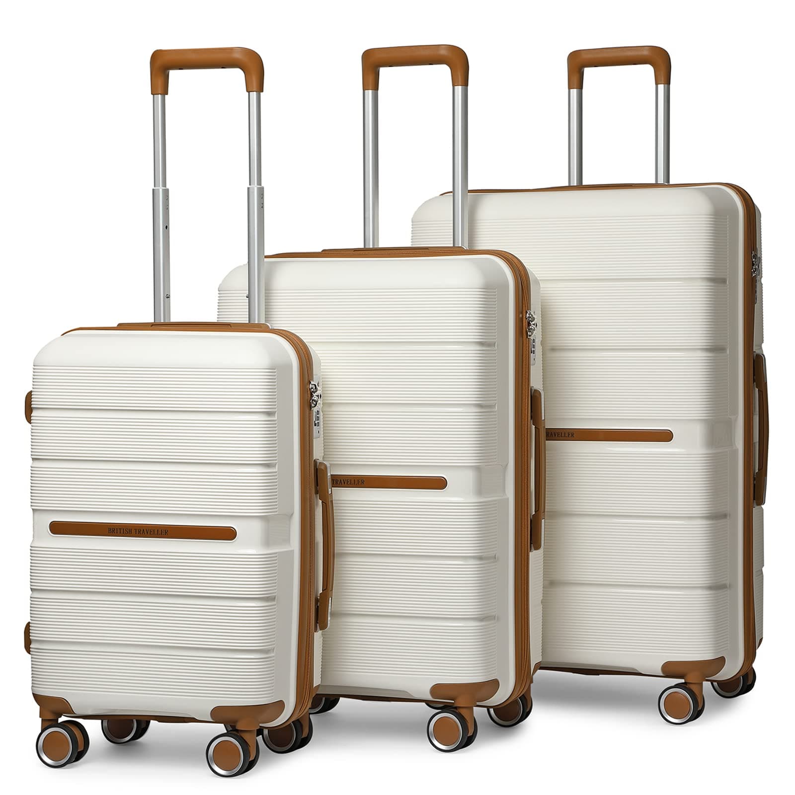 British Traveller Set de 3 Valise Rigide en Polypropylène Légere à 4 roulettes avec Serrure TSA Intégré Ensembles de Bagages, Valise de Voyage 56/66/76cm (Crème)
