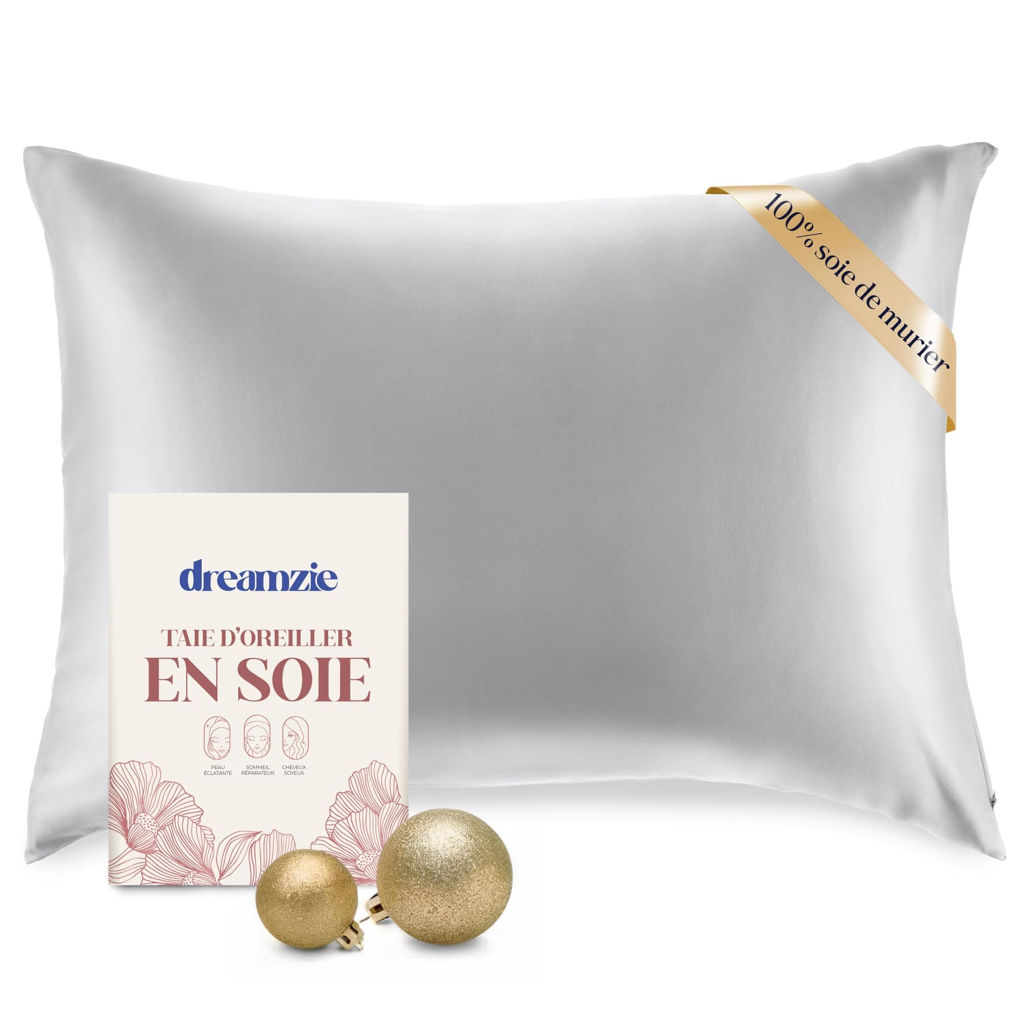 DREAMZIE Taie d Oreiller en Soie - 100% Soie Naturelle de mûrier - pour Les Cheveux et la Peau - 19 mm de Soie des Deux côtés - 1 unité - Gris - 40x60 cm