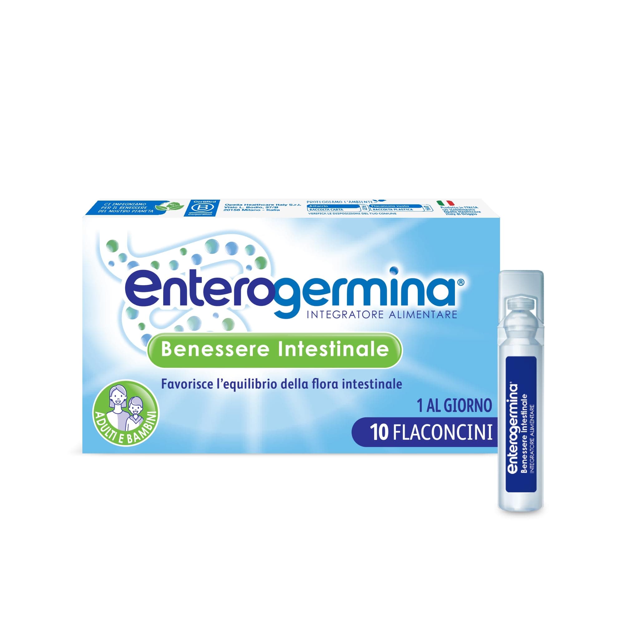 Enterogermina Benessere Intestinale, Fermenti Lattici Probiotici, Integratori Adulti e Bambini 3+ Favorisce l’Equilibrio della Flora Batterica Intestinale, Senza Glutine (10 Flaconcini/5 ml)