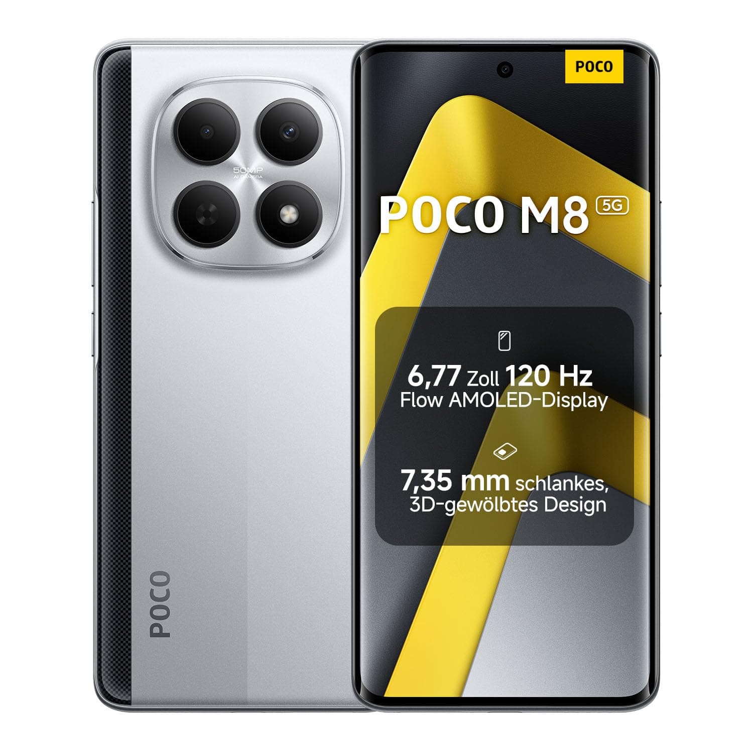 XIAOMI Poco M8 5G Smartphone, 8 GB RAM + 512 GB Speicher, 6,77" 120 Hz Flow AMOLED, Snapdragon® 6 Gen 3, 50 MP KI-Dual-Kamera, 7,35 mm 3D-Curved Design, Silber, 2 Jahre Garantie