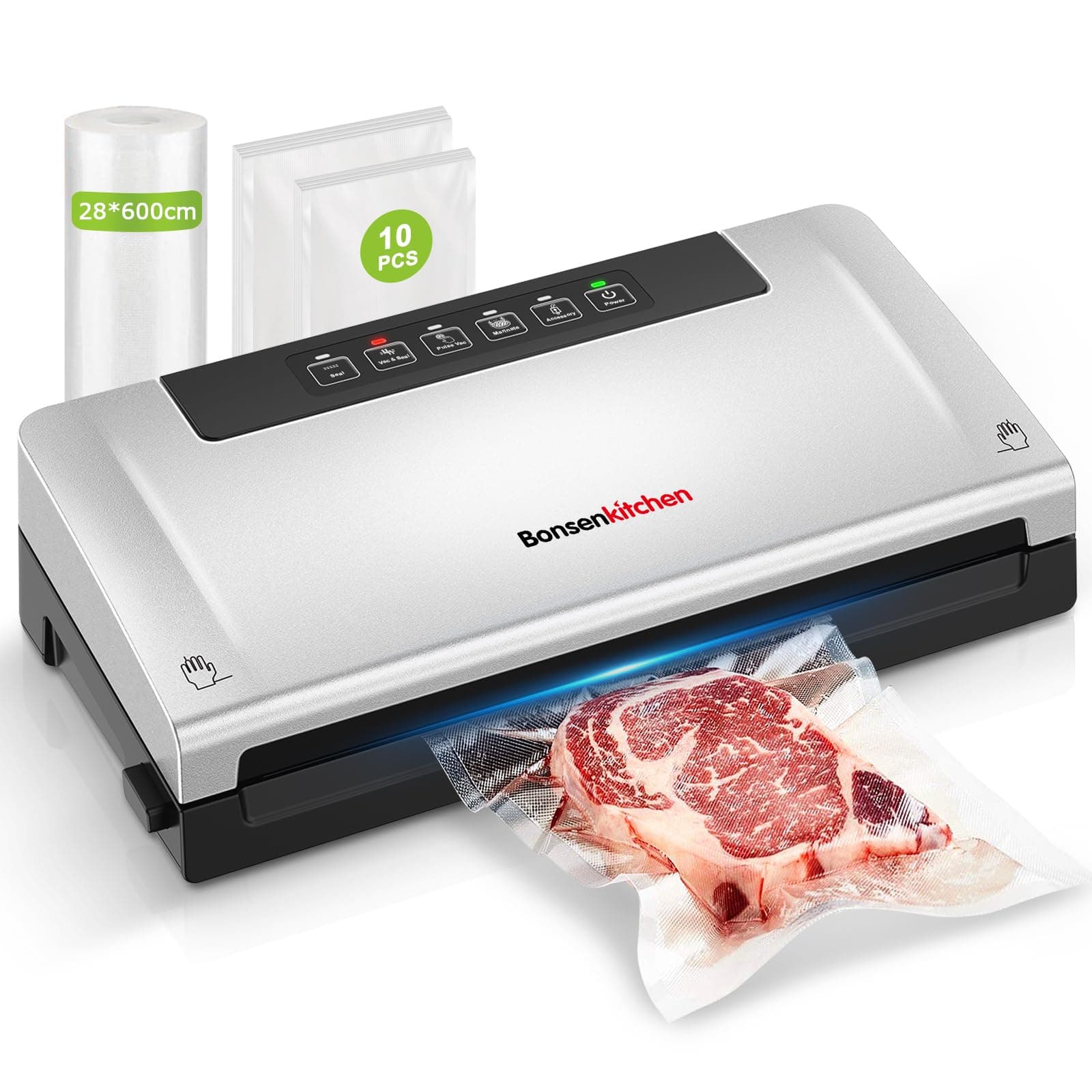 Bonsenkitchen Machine Sous Vide Alimentaire, 5 Modes Avec Cutter et Rangement des Sacs en Rouleau, pour un Travail en Continu à Grande Vitesse, Contient 10 Sacs Sous Vide et 1 Sac en Rouleau, VS3000