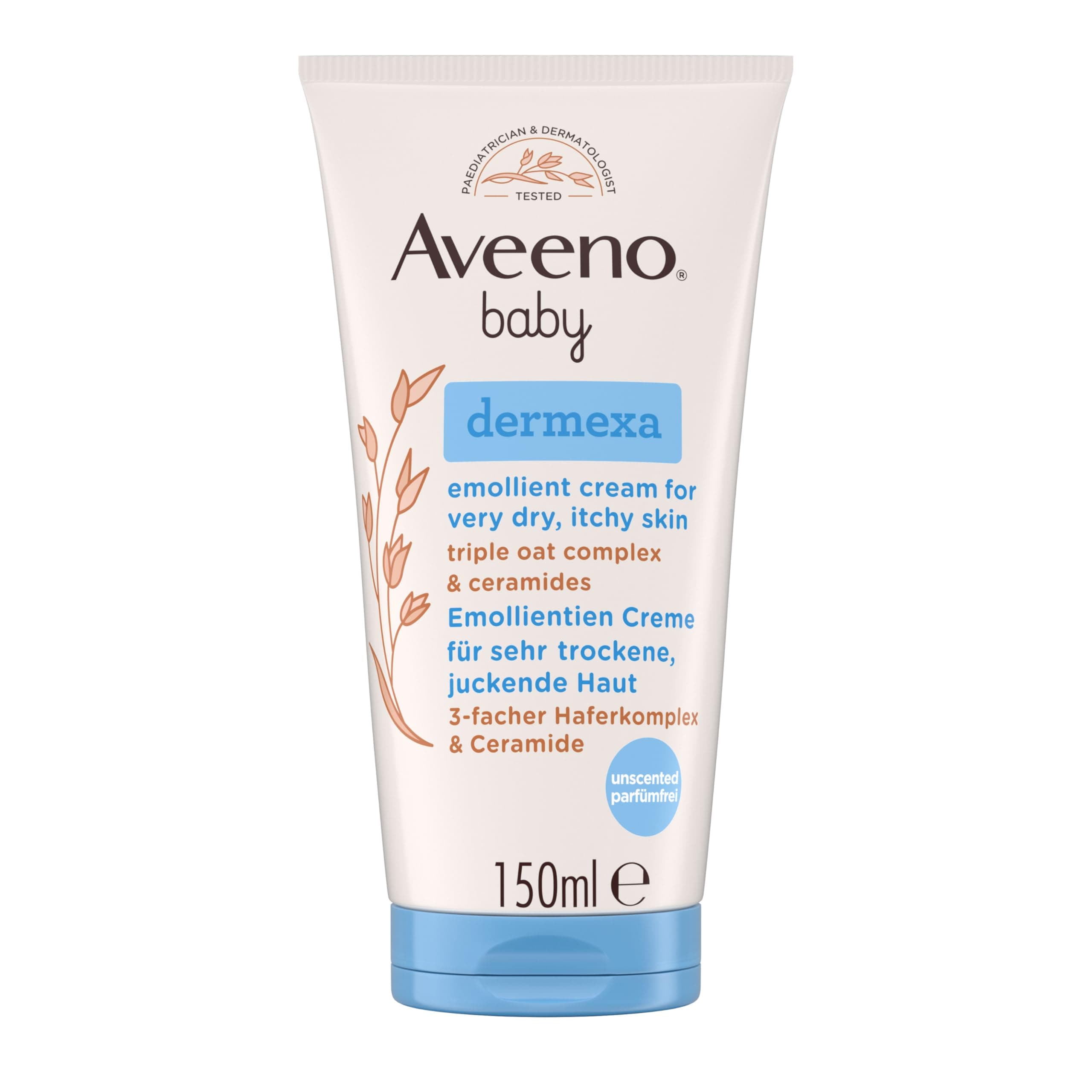 Aveeno® baby dermexa Emollientien Creme mit präbiotischem Hafermehl, Ceramiden & Panthenol für sehr trockene, juckende und zu Neurodermitis neigende Haut, 150 ml