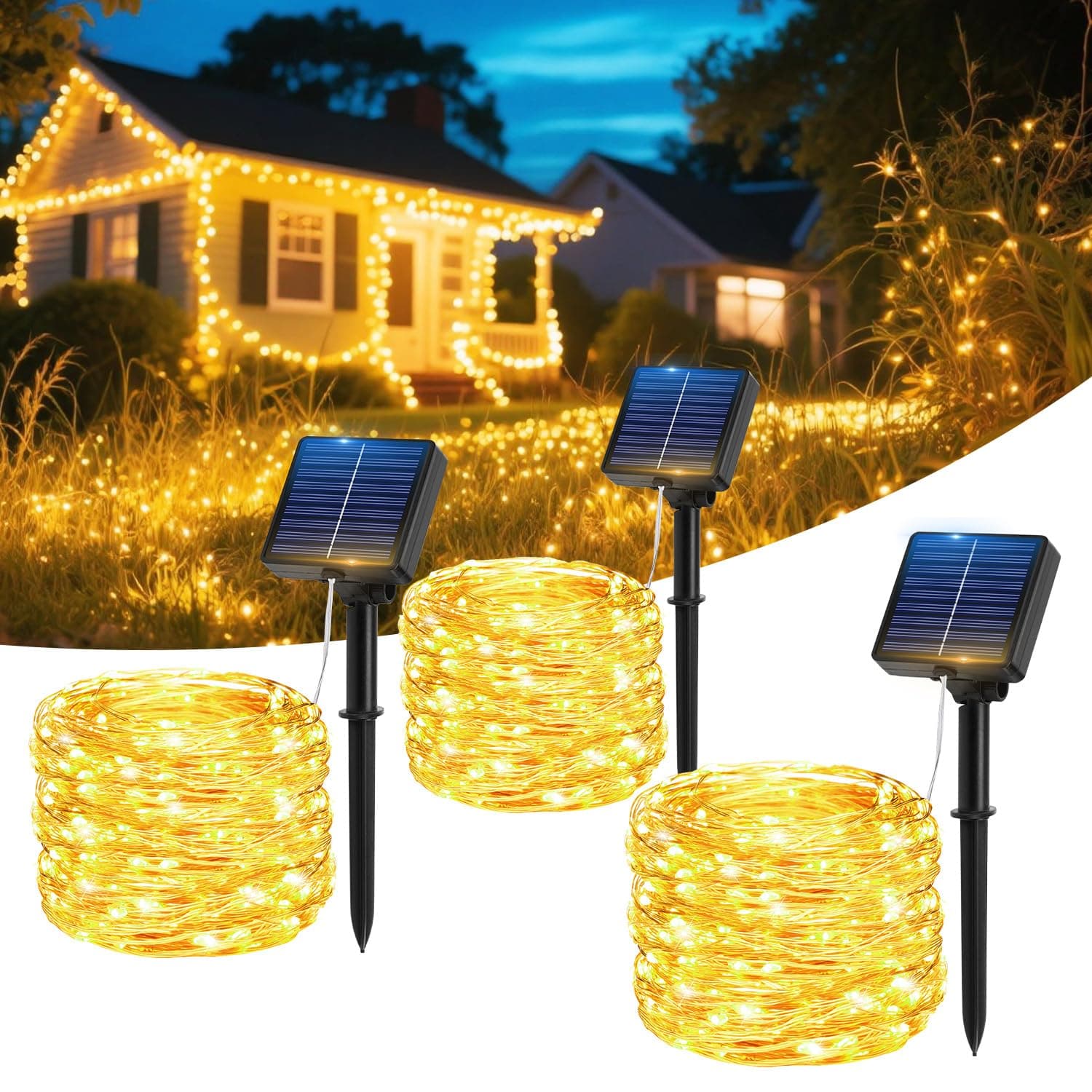 Hoteril Guirnaldas Luces Exterior Solar, 3pcs 17M 150 LEDs Luces Solares LED Exterior Jardin 8 Modos con Función de Memoria Impermeable IP65 Cadena de Luce para Fiestas, Patio,Luz Navidad