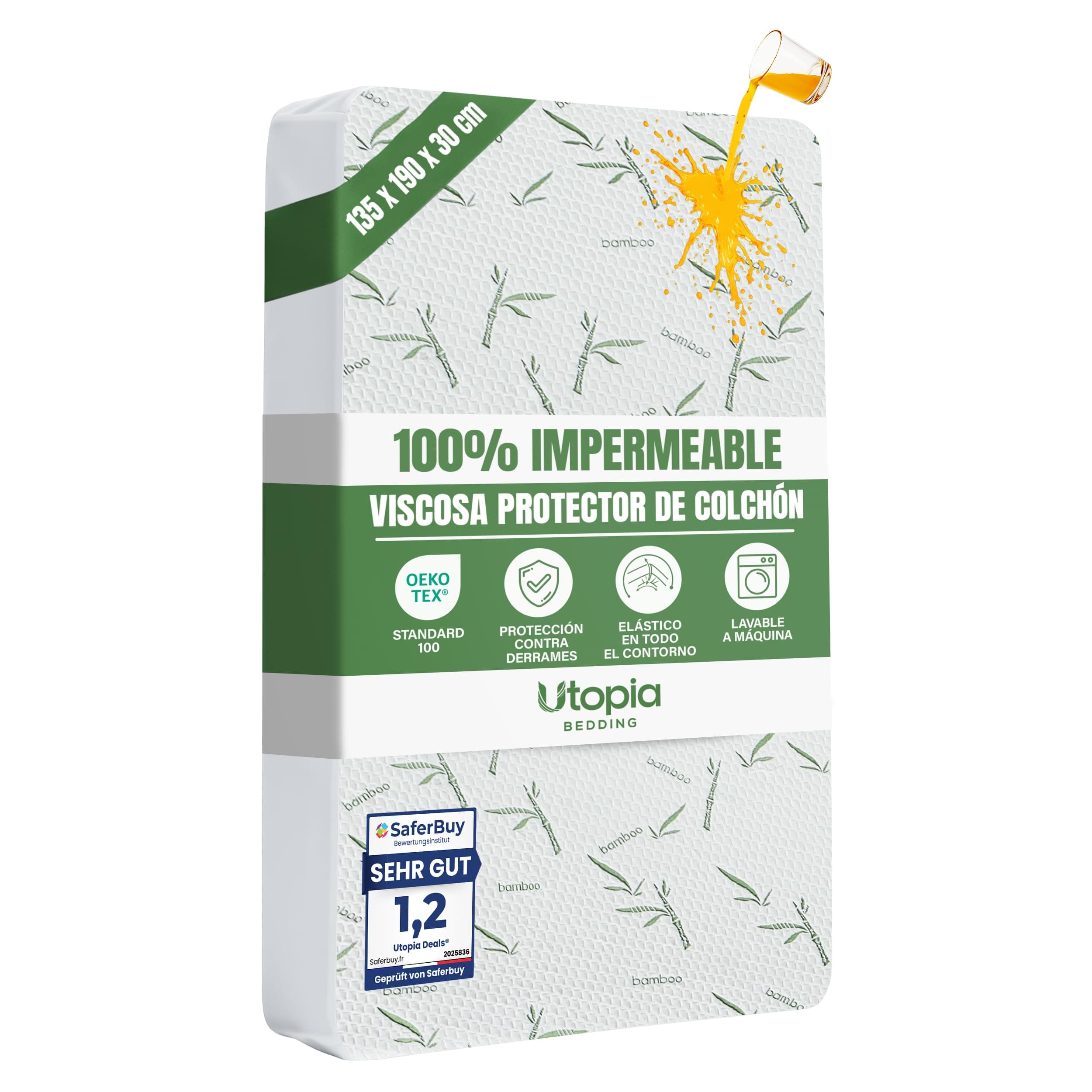 Utopia Bedding Protector de Colchón 135 x 190 x 30 cm Impermeable, Viscosa Premium, Certificación Oeko-Tex, Cubre Colchón Transpirable, Elástico En Todo