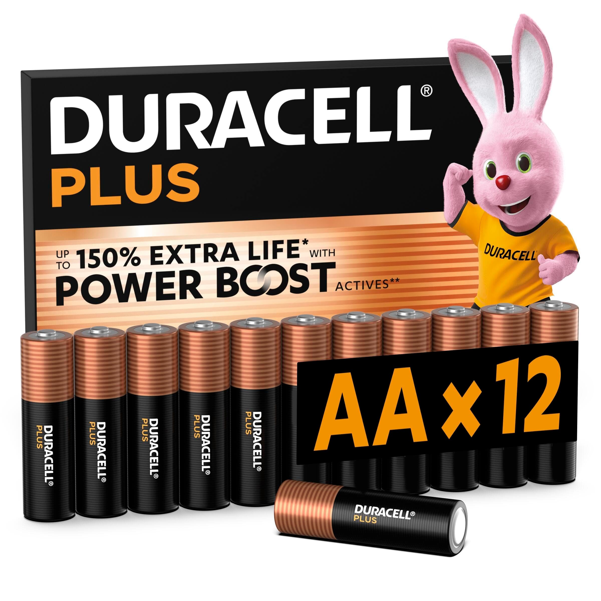 DURACELL Plus Pilas AA (Paquete de 12) – Pilas alcalinas 1,5 V – Hasta un 150 % de duración extra con activos POWER BOOST–Fiabilidad para dispositivos cotidianos–Envase con 0 % de plástico–MN1500
