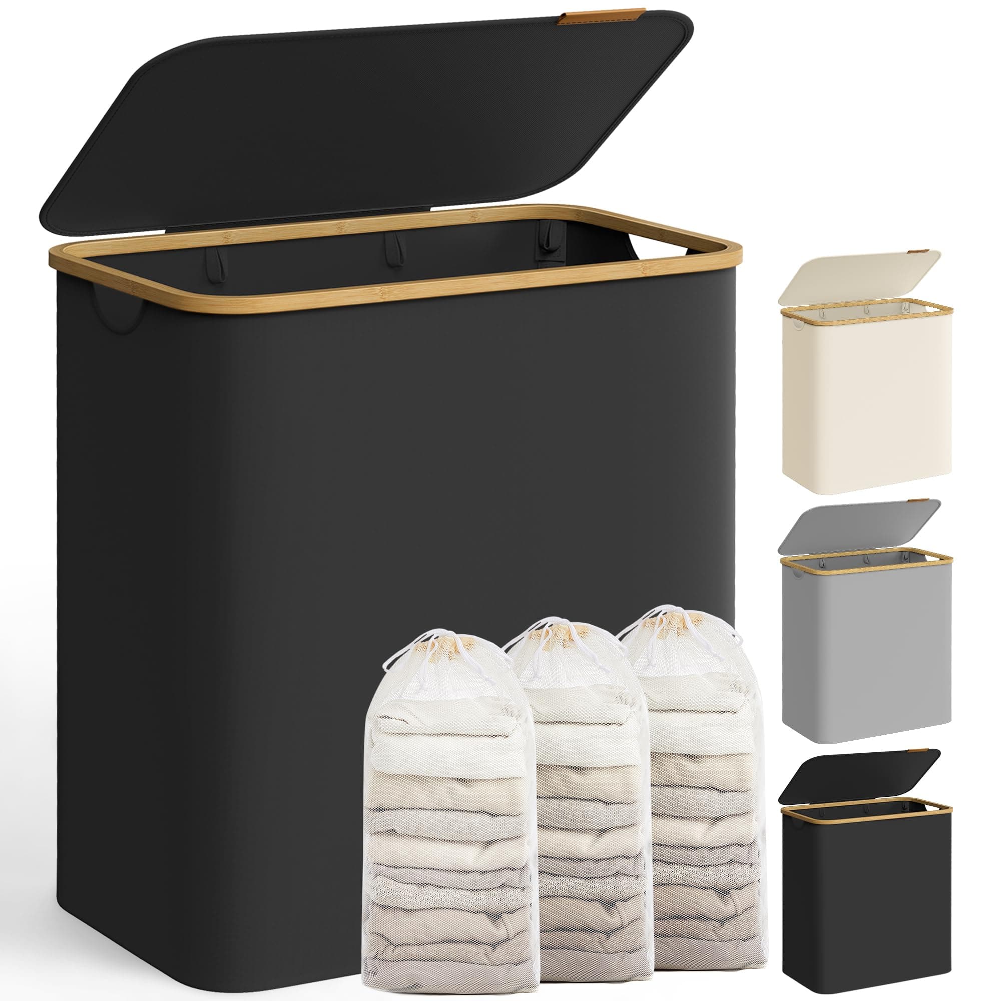 SONGMICS Wäschekorb mit Deckel, Wäschesammler mit 3 Fächern, 150 L, herausnehmbarer Wäschesack, Oxford-Gewebe, Griffe aus Bambus, zusammenklappbar, 60 x 38,5 x 70,5 cm, tintenschwarz LCB515B01