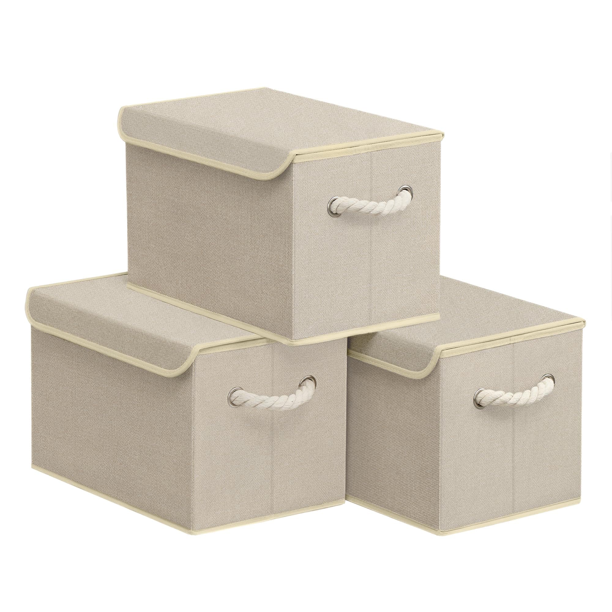 SONGMICS Aufbewahrungsbox mit Deckel, 3er Set, klappbar, Stoffboxen, Aufbewahrung, Organizer, für Kleiderschrank, Griffe, für Schlafzimmer, Wohnzimmer, 38 x 25 x 25 cm, sandbeige RFB013LZ01