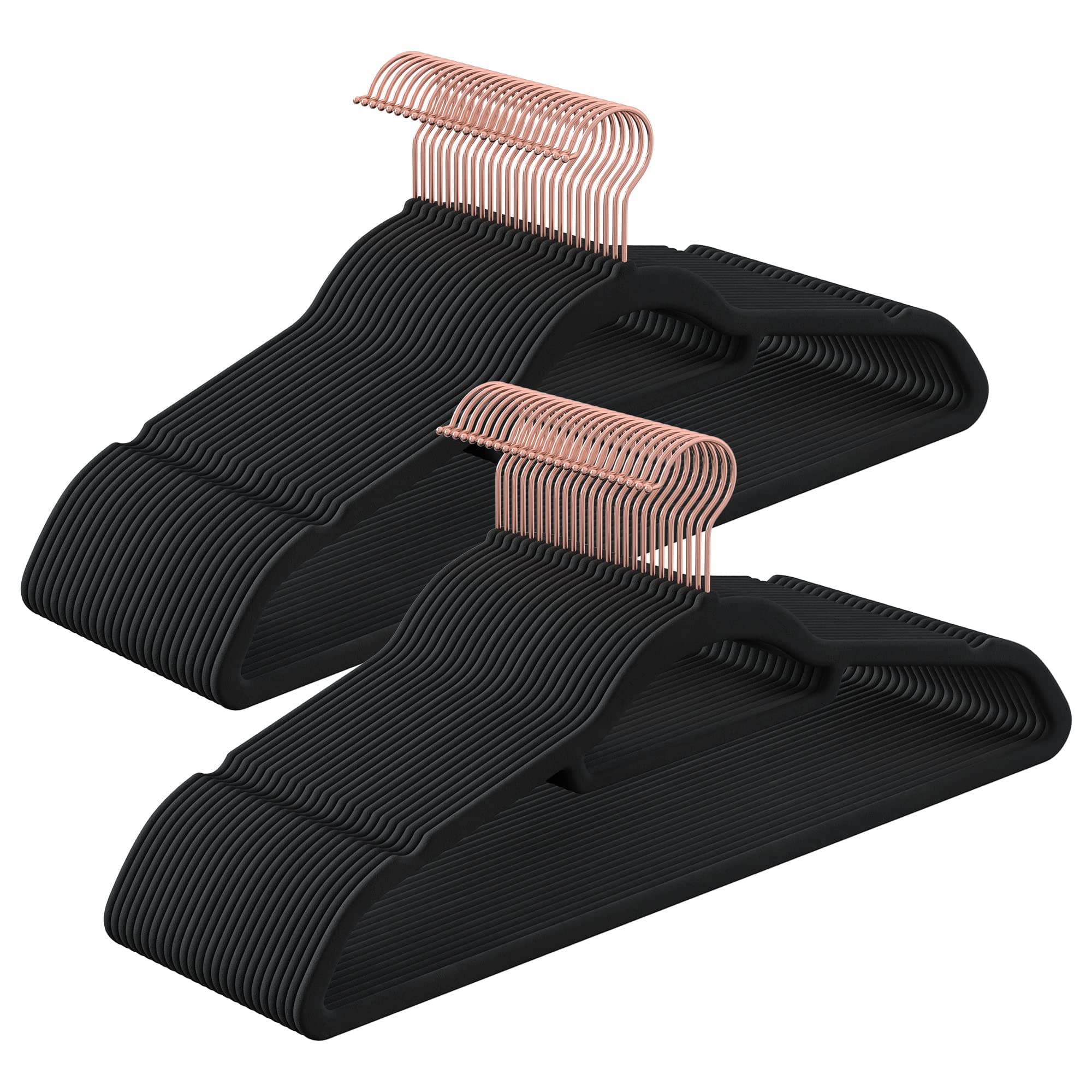 SONGMICS Kleiderbügel Samt, 30er Set, Bügel, rutschfest, kleine Stange für Krawatten, 360° drehbarer Haken, 0,6 cm dick, platzsparend, 43,5 cm lang, für Mäntel, Hosen, Roségold-Schwarz CRF21BK30