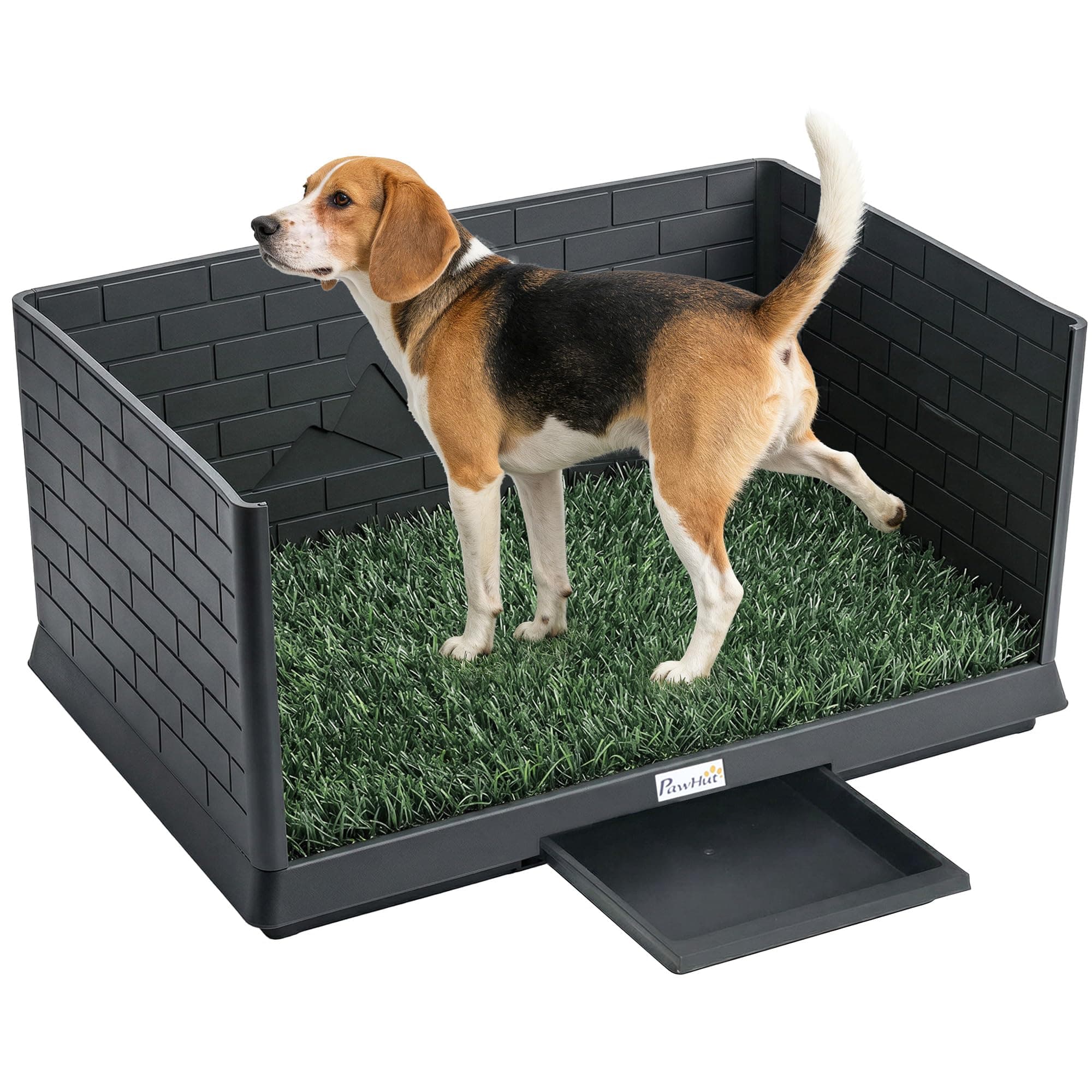 PawHut Toilette pour Chien avec Gazon Artificiel, Parois Hautes et Plateau Coulissant, Bac à Litière pour Chien avec Système de Drainage, 75x51x36,5cm, Noir