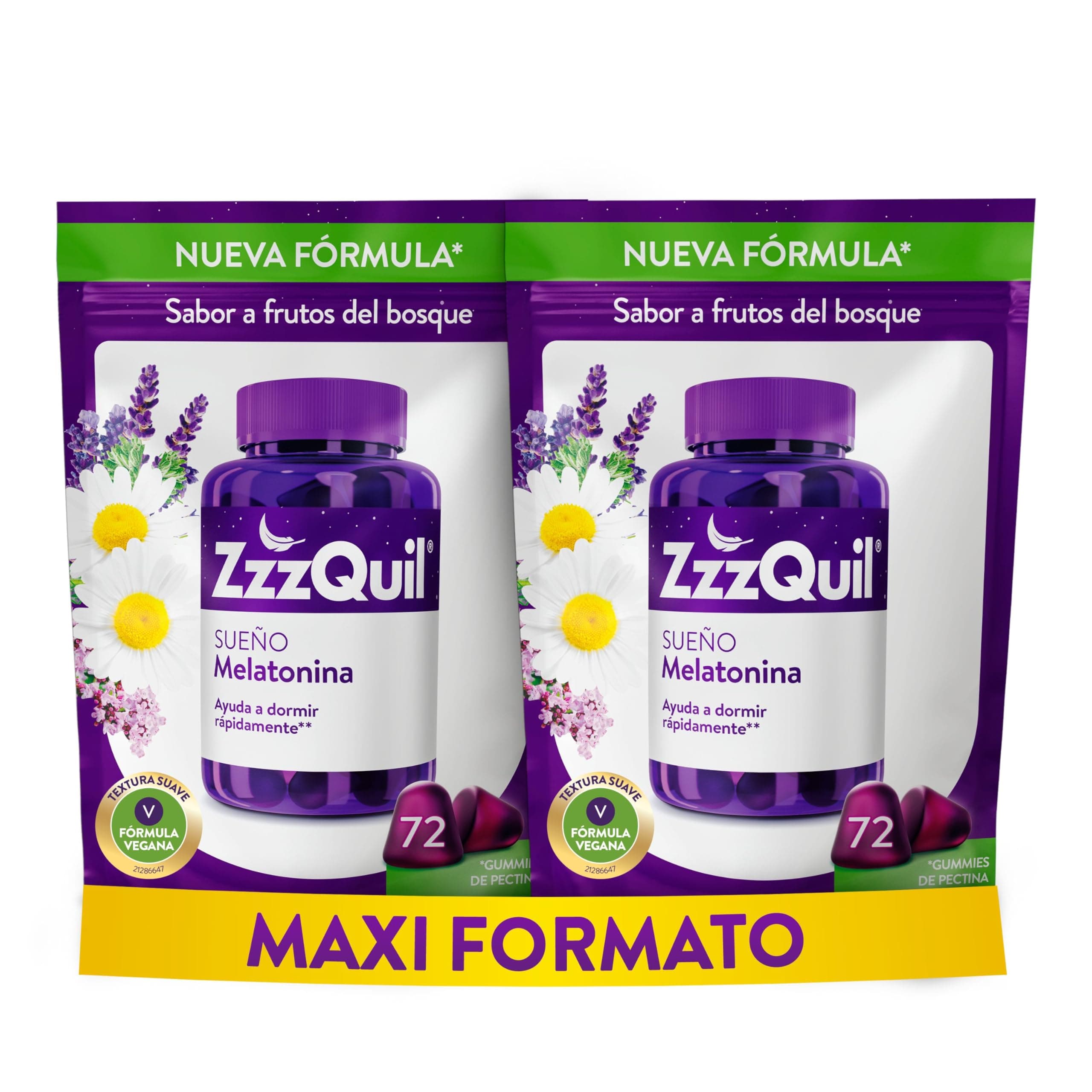 ZzzQuil Sueño Gummies de Melatonina para Dormir, con Valeriana, Camomila, Vitamina B6 y Lavanda, Ayuda a Dormir Rápidamente, Sabor Frutos del Bosque, Nueva Fórmula Vegana, 144 Gummies (2 x 72)