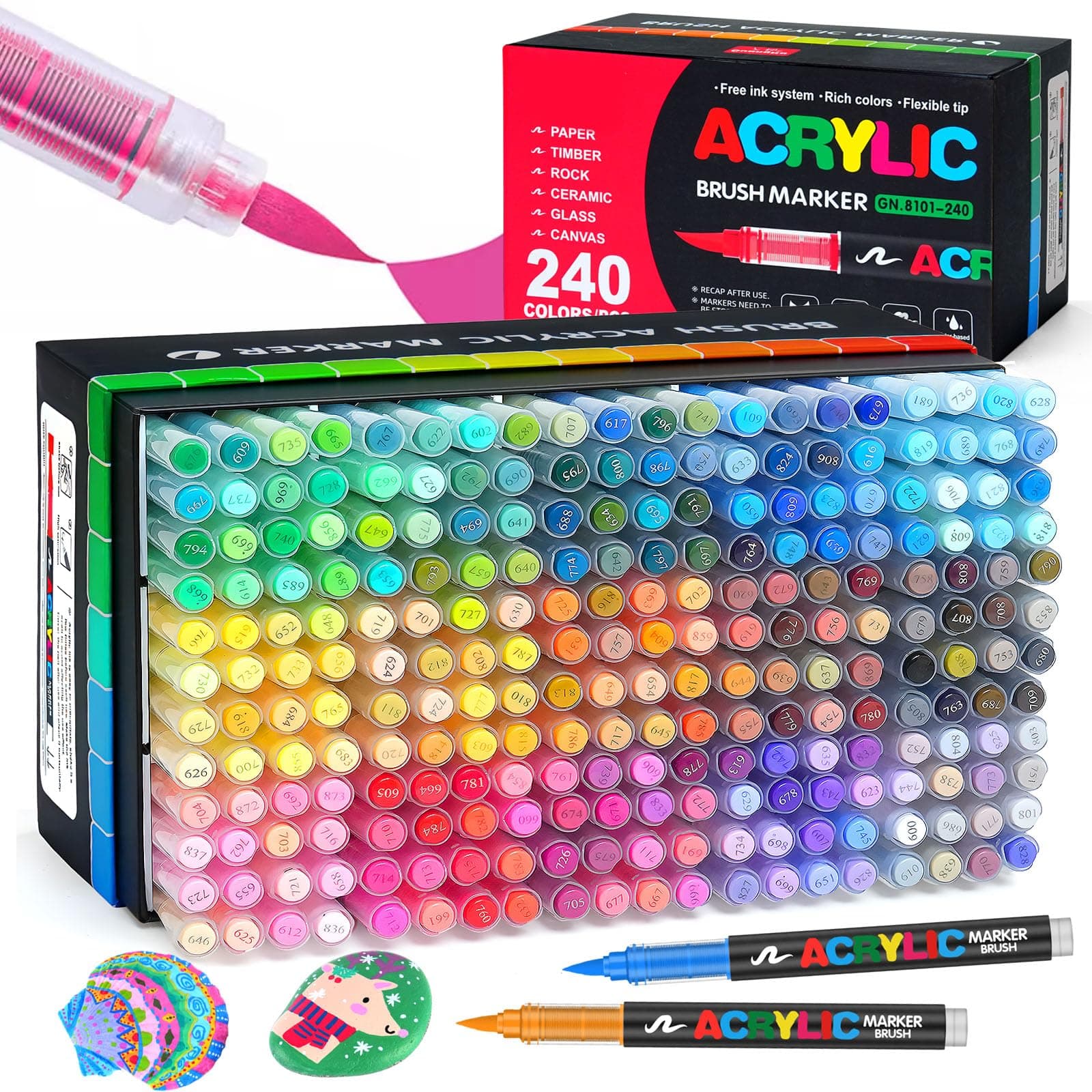 Efimeso 240 Couleurs Feutre Acrylique, Marqueur Peinture Acrylique à Pinceau à Base D'eau, Acrylic Paint Marker pour Roche, Toile, Bois, Pierre, Céramique, Verre, Tissu