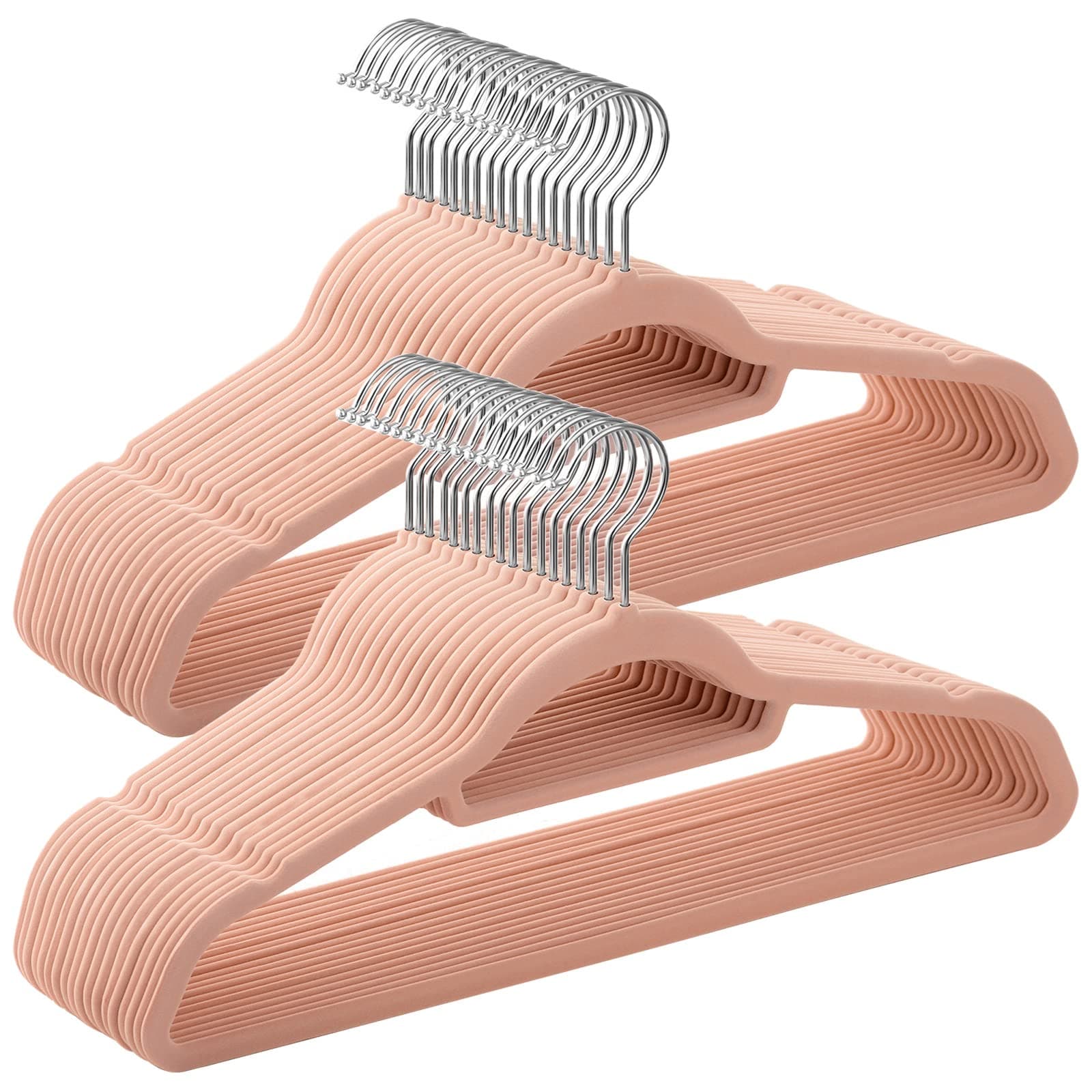 SONGMICS Percha de Terciopelo, Juego de 50, Antideslizantes, con Barra Corbata y Gancho Negro, 0,6 cm Espesor, Ahorra Espacio, 43,5 cm Largo, Abrigo Pantalón, Rosa Claro y Plata CRF50PK