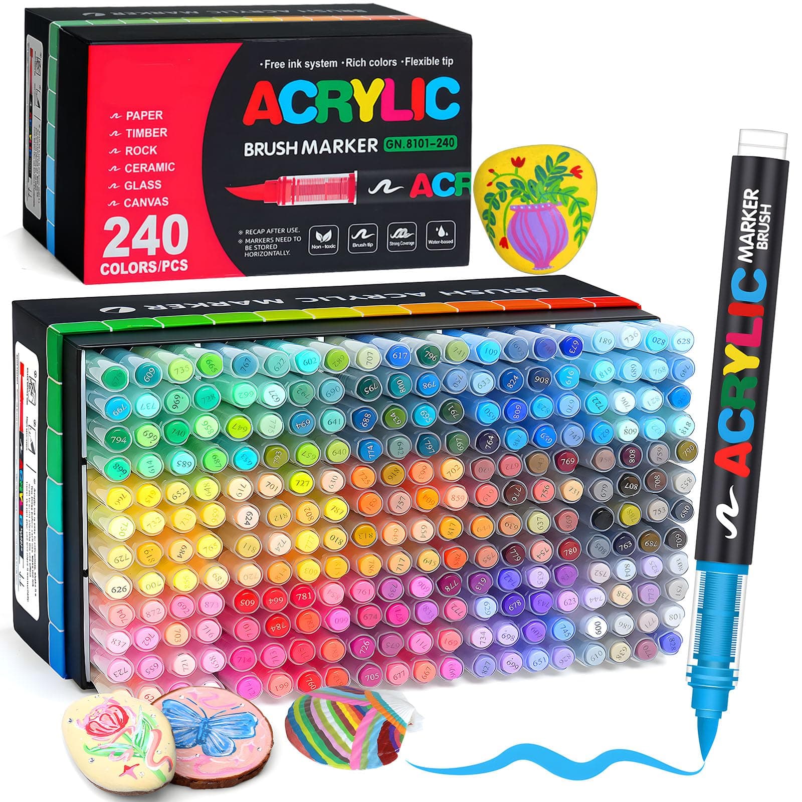 Lot de 240 Acrylic Paint Pens · Marqueurs Acryliques à Pointe Pinceau · Stylo Peinture Acrylique Adulte · Encre à l'Eau pour Surfaces Multiples : Pierre, Verre, Tissu, Bois, Toile · Idée Cadeau