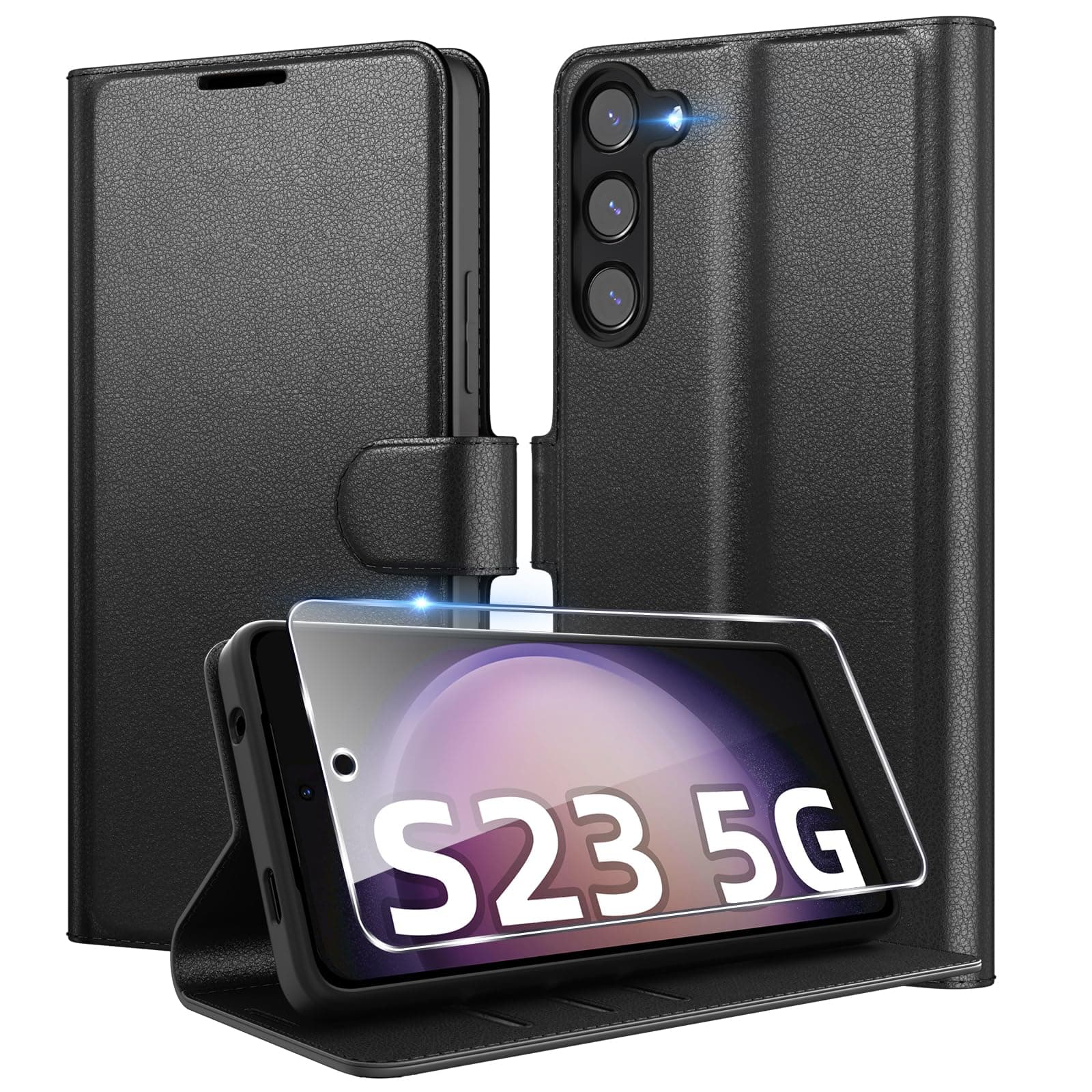 Eirltiy Coque pour Samsung Galaxy S23 5G en Premium Cuir PU, Portefeuille Housse Etui pour Cartes Protection Anti-Choc Flip Case avec 1 Verre Trempé Noir