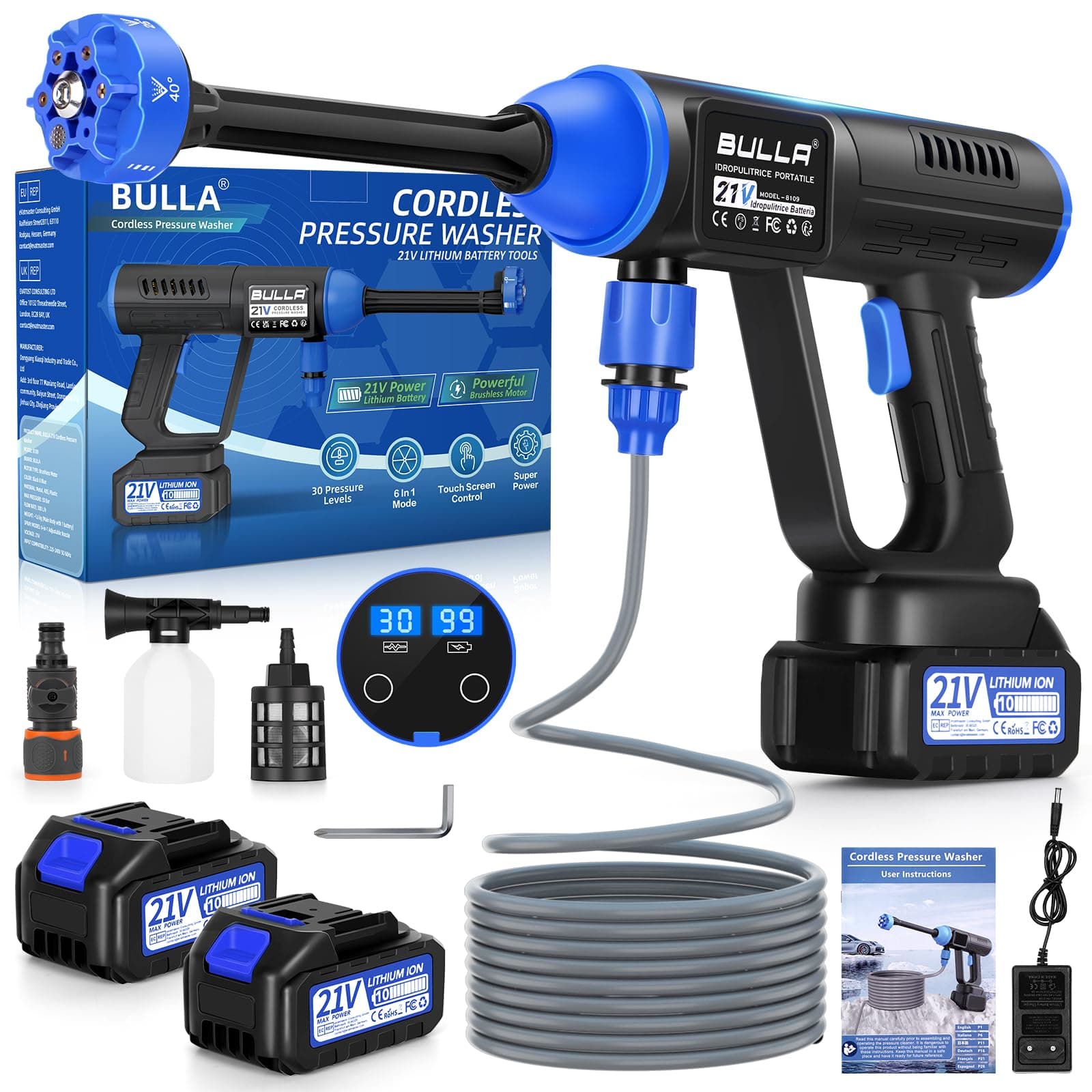 Nettoyeur Haute Pression sans Fil, Pistolet Haute Pression sur Batterie avec Buse 6 en 1,Nettoyeur Haute Pression sur Batterie avec 2 Batteries et 30 Niveaux de Pression,Reglage Tactile