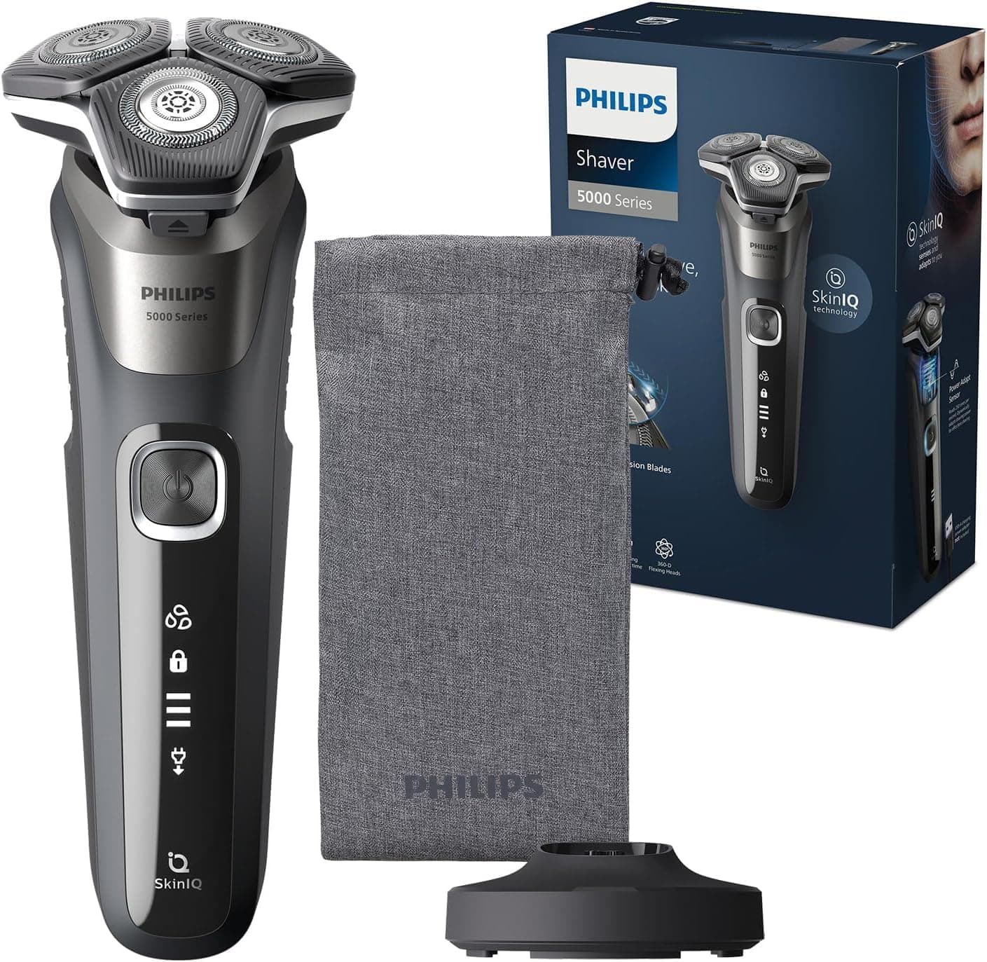 Rasoio elettrico Philips S5000 - Rasoio elettrico Wet & Dry in grigio carbonio con 1 rifinitore a scomparsa, astuccio morbido, cappuccio di protezione e supporto di ricarica (modello S5887/13)