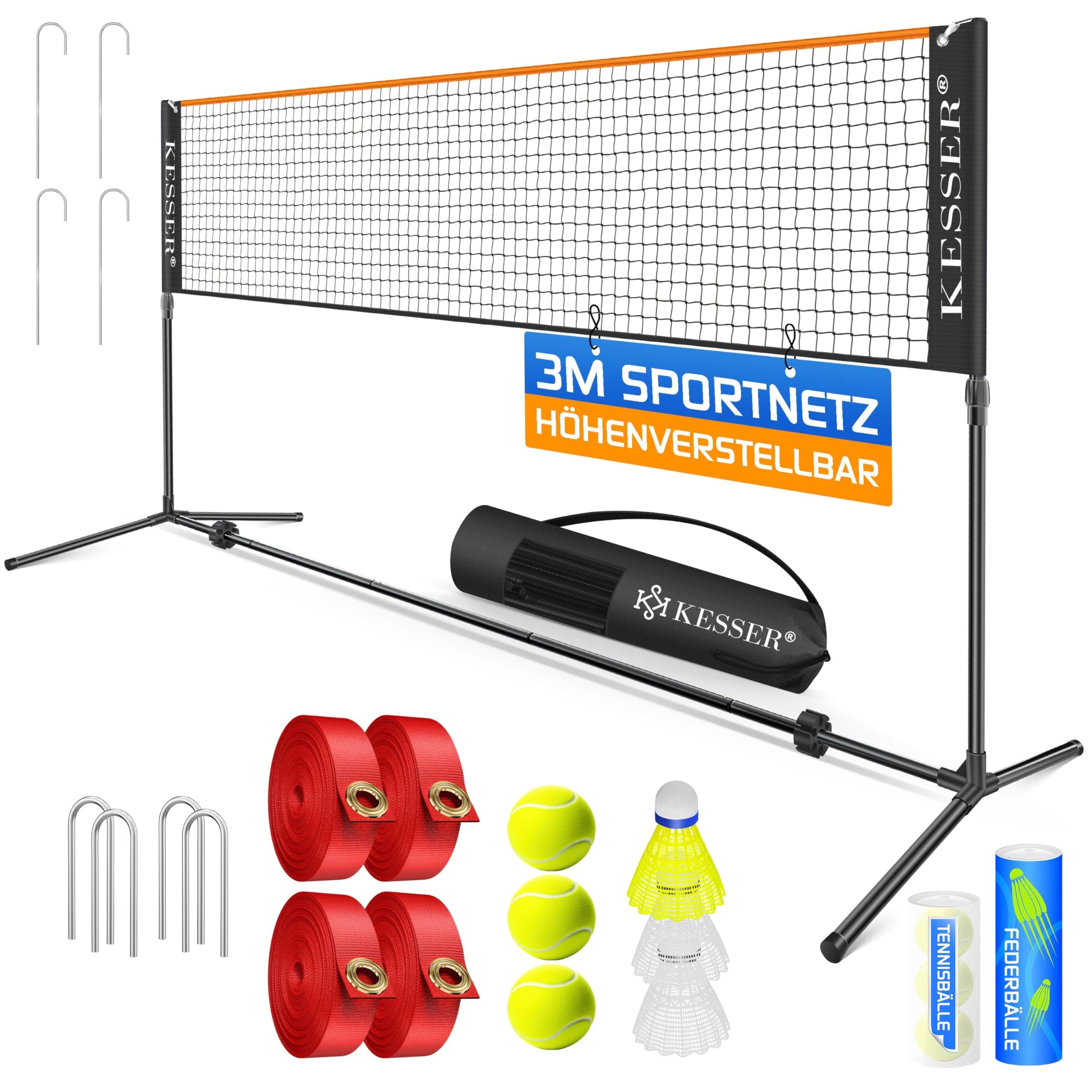 KESSER® Badmintonnetz Tennisnetz | Federballnetz 3-Fach-Höhenverstellbar 107/120/155cm, Set bestehend aus Netz, 3X Federball & 3X Tennisball, Transporttasche, stabilem Eisen-Gestell, Indoor & Outdoor