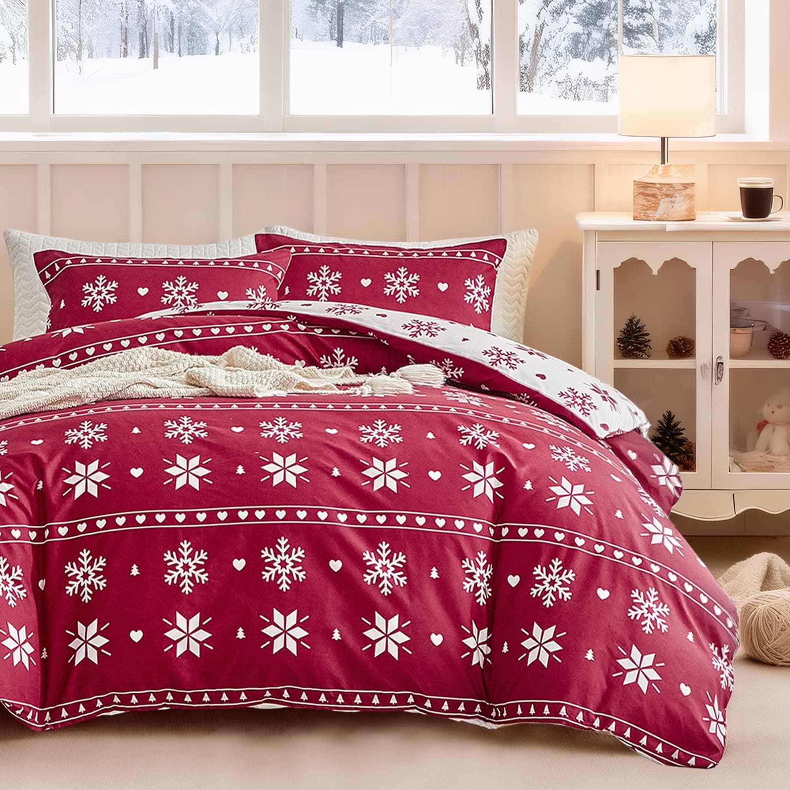 Tokokimo Copripiumino Matrimoniale 240x220 cm, Copripiumino Matrimoniale 3 Pezzi in Microfibra Con Motivo a Fiocchi di Neve, Comprendente 1 Copripiumino 240x220 + 2 Federe 50x80, Rossi