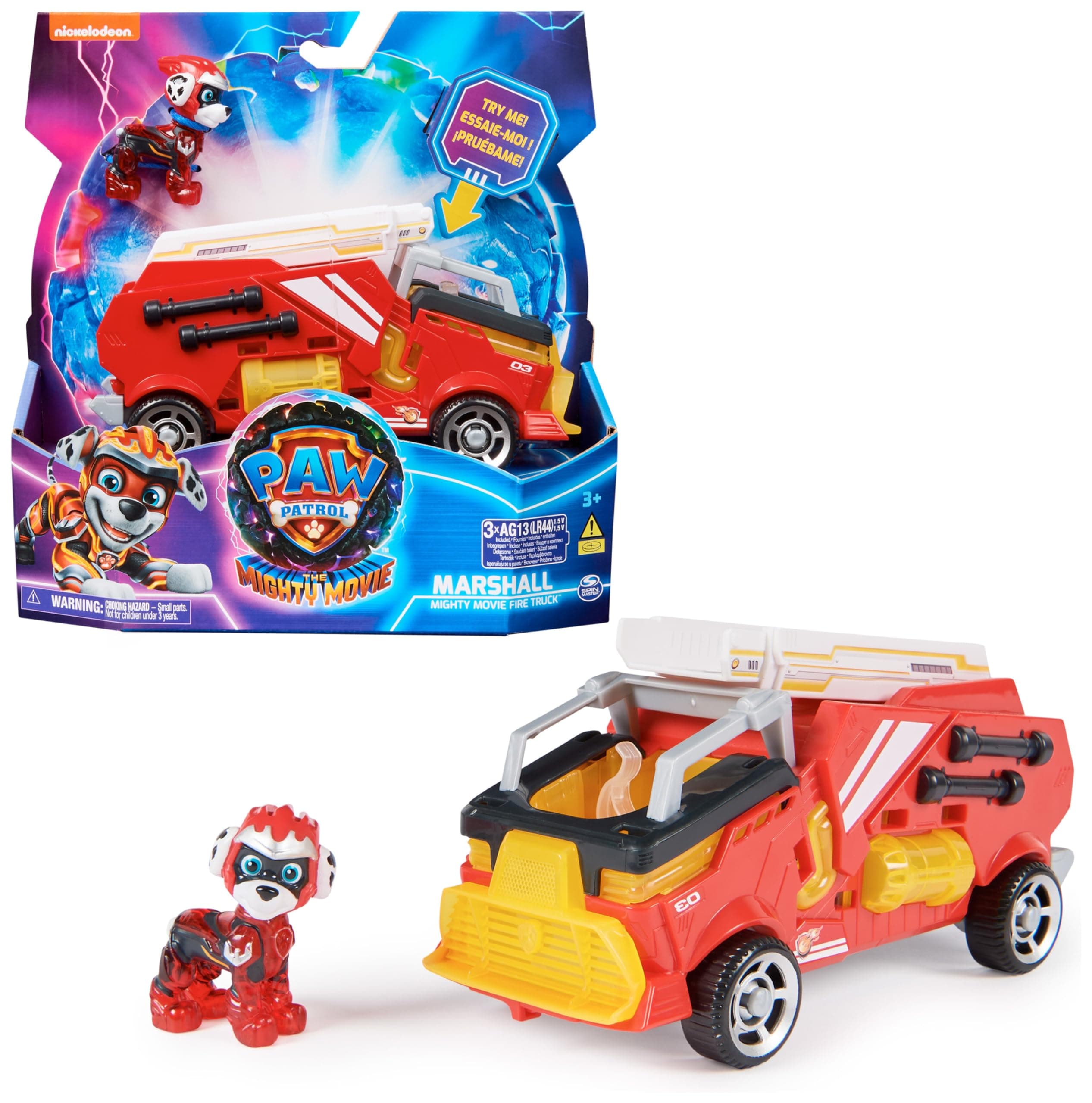 PAW Patrol: Der Mighty Kinofilm, Superhelden-Basis-Fahrzeug von Marshall mit Welpenfigur, Löschzug mit Licht- und Geräuscheffekten, Spielzeug geeignet für Kinder ab 3 Jahren