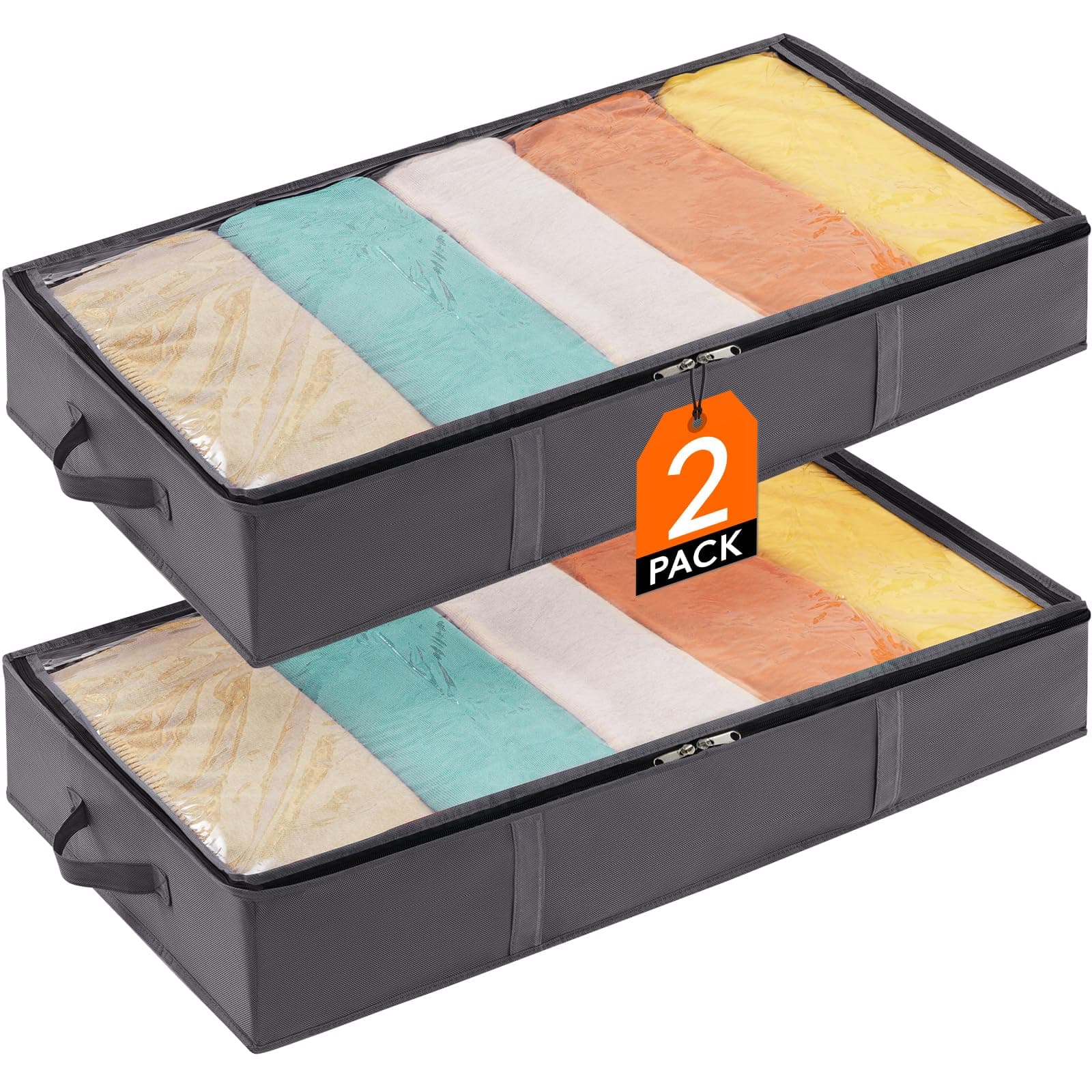 Lifewit Unterbett Aufbewahrungsbox Unterbettkommode, Faltbare Kleideraufbewahrungstasche mit Deckel für Bettdecken, Kleidung, Unterbett-Kleiderschrank, Grau, 65L, 2 Stück