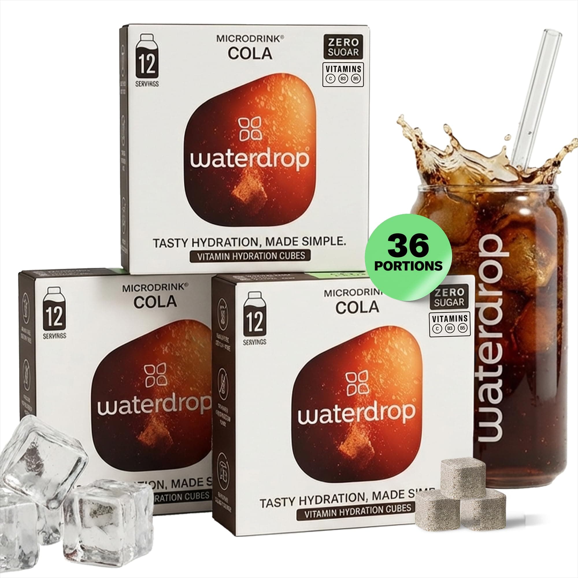 waterdrop® Original Cola - Dernière Chance - 36 Boissons en Cube, Pastilles Effervescentes, Doda à la noix de Kola et de Vitamines Sans Sucre, Eau Aromatisée