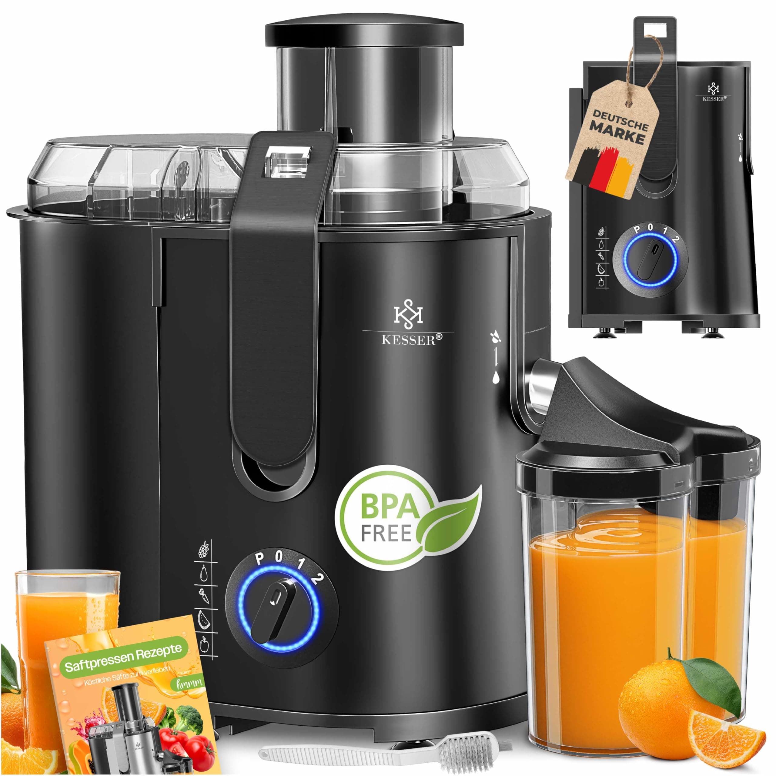 KESSER® Zentrifuge Entsafter für Obst | Gemüse aus Edelstahl 1100W, große Fütterungsröhre, 3 Stufen, Elektrische Zentrifugal Saftpresse Juicer + Bürste, Saftbehälter, Rezeptbuch, Schwarz