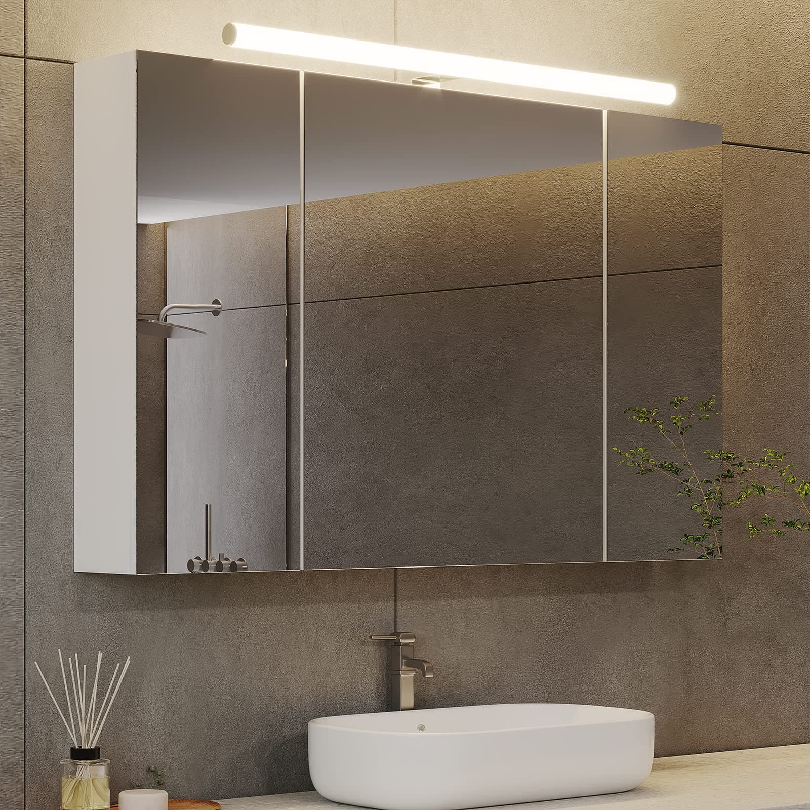 DICTAC Specchio Bagno Contenitore con Luce e Presa Elettrica Mobile Bagno con Specchio e Led illuminazione 90x16x60cm Armadio specchio Bagno con 3 ante e Mensola Regolabile,Bianco