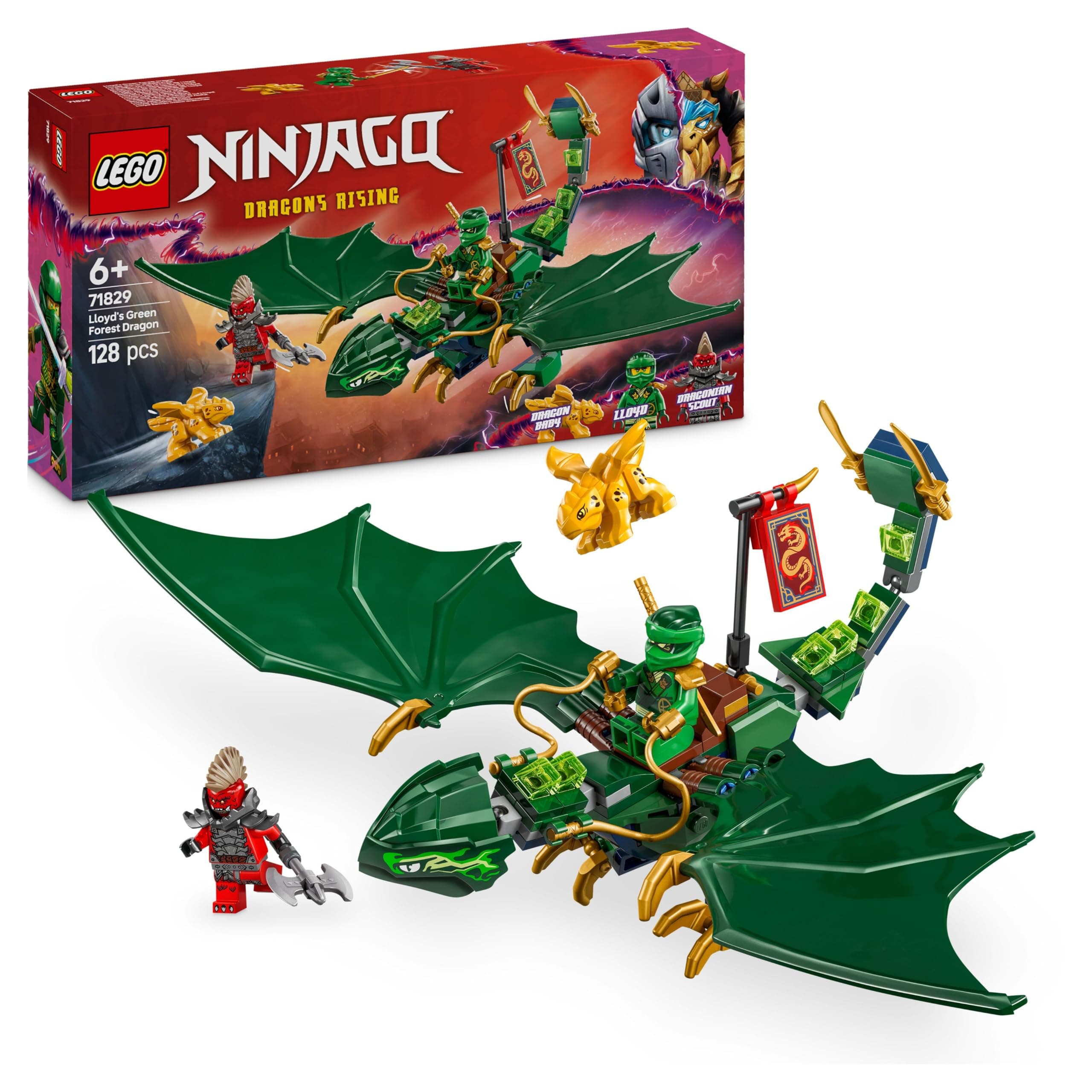 LEGO NINJAGO Lloyds grüner Walddrache - Spielzeug Drache mit 2 Minifiguren - Drachenfigur mit beweglichem Schwanz, Hals, Beine & Flügel - Geschenkidee für Jungen und Mädchen ab 6 Jahren 71829