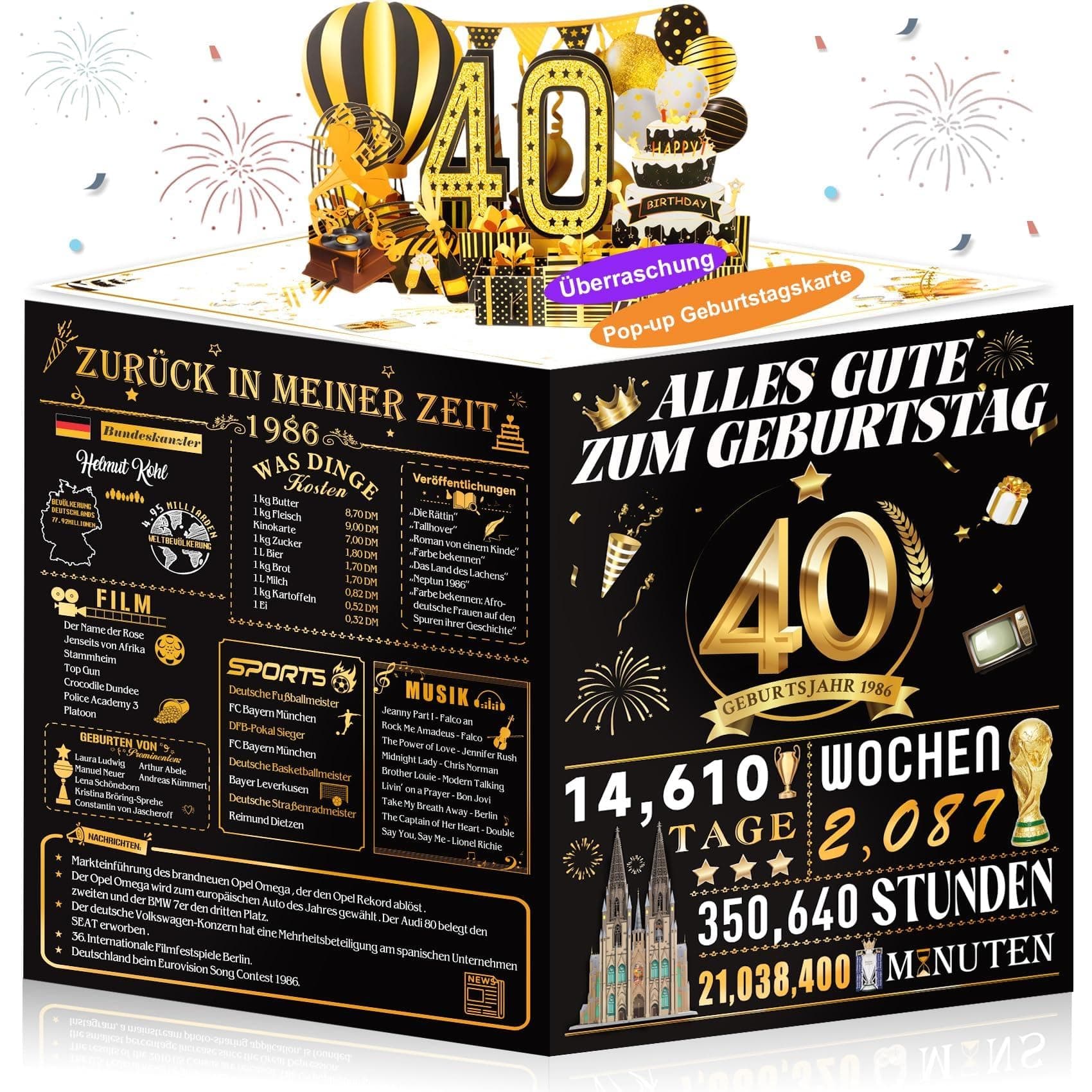 OLOSONG Geburtstagskarte 40 | 3D Pop Up Karte Geschenke Zum 40 Geburtstag für Mann Frau, Back in 1986 Lustige Deko 40. Geburtstag Für Mama Papa Ehemann Ehefrau Freunde Ihn und Sie, Mit Umschlag