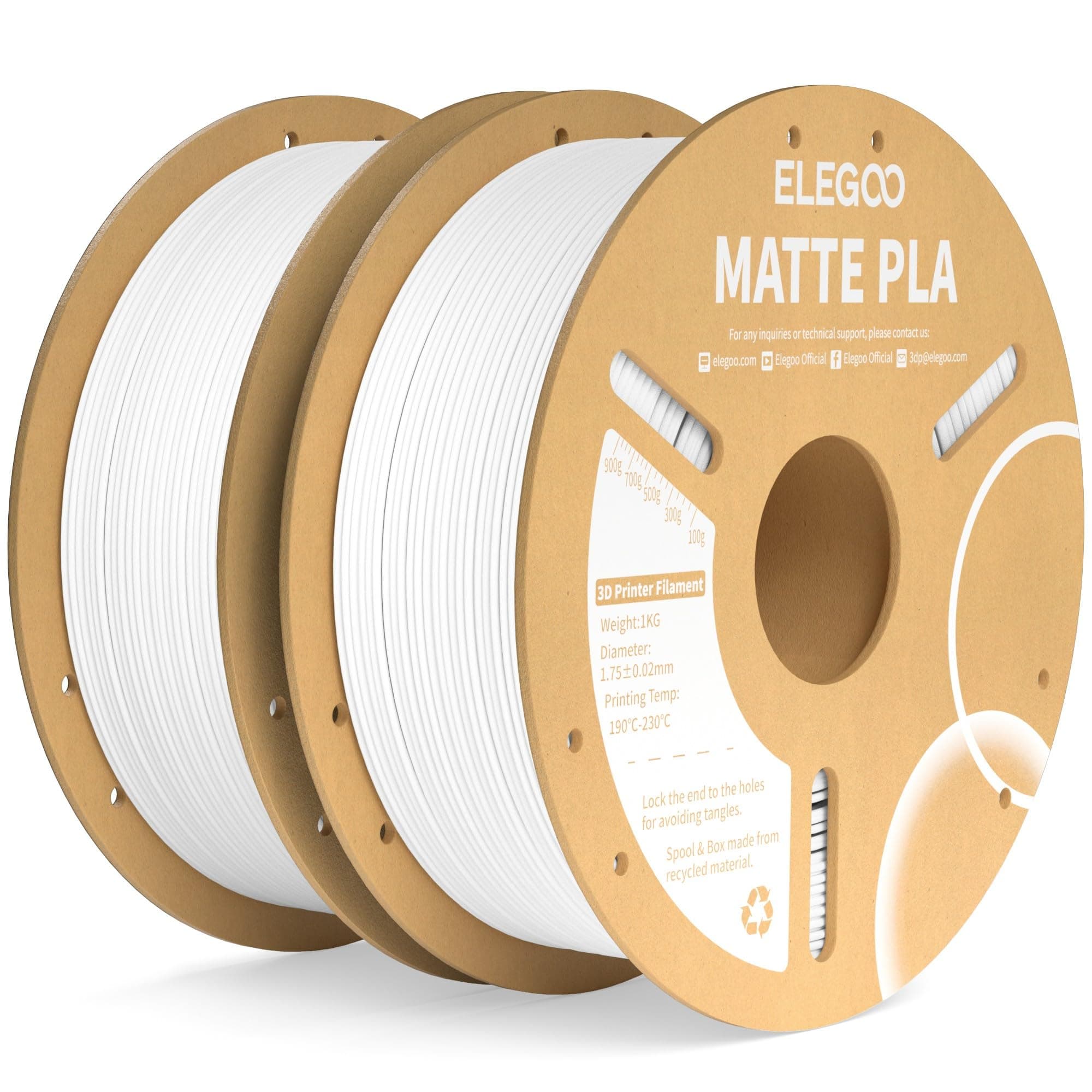 ELEGOO Filamento PLA Matte Bianco 2 kg, 1,75 mm, Opaco PLA Filamento per Stampante 3D, precisione di misurazione +/- 0,02 mm, adatto per maggior parte delle stampanti 3D FDM