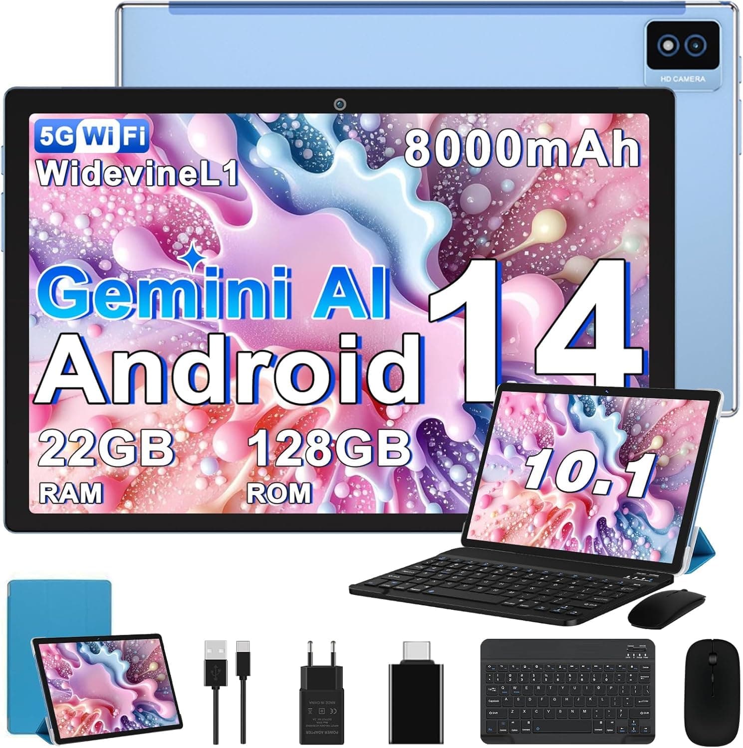 2026 Dernière Tablette Android, 10 Pouces, 22Go RAM + 128Go ROM(TF 2To), Avec 5G WiFi Octa-Core 2.0GHz, 8000mAh, GPS, Gemini AI tablette, Widevine L1, Tablette Tactile avec Clavier+Souris-Bleu