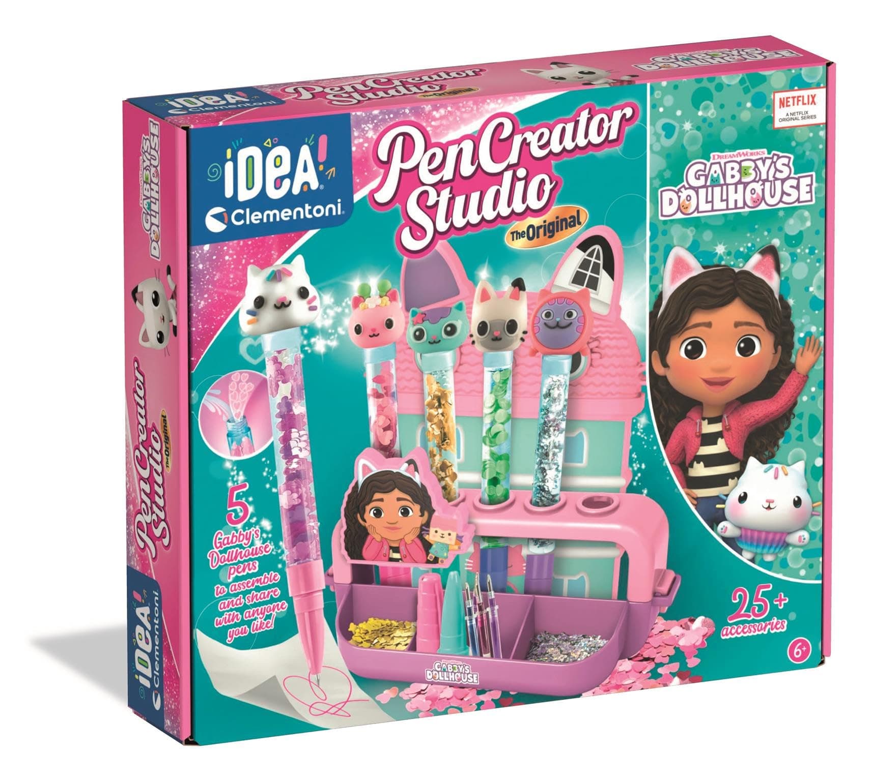 Clementoni Idea Mein Stift-Atelier Gabby’s Dollhouse - DIY Stifte-Set mit 5 Stiften & Figuren, schillernden Verzierungen & Aufklebern - Kreativspielzeug & Geschenk-Set für Kinder ab 6 Jahren, 18203
